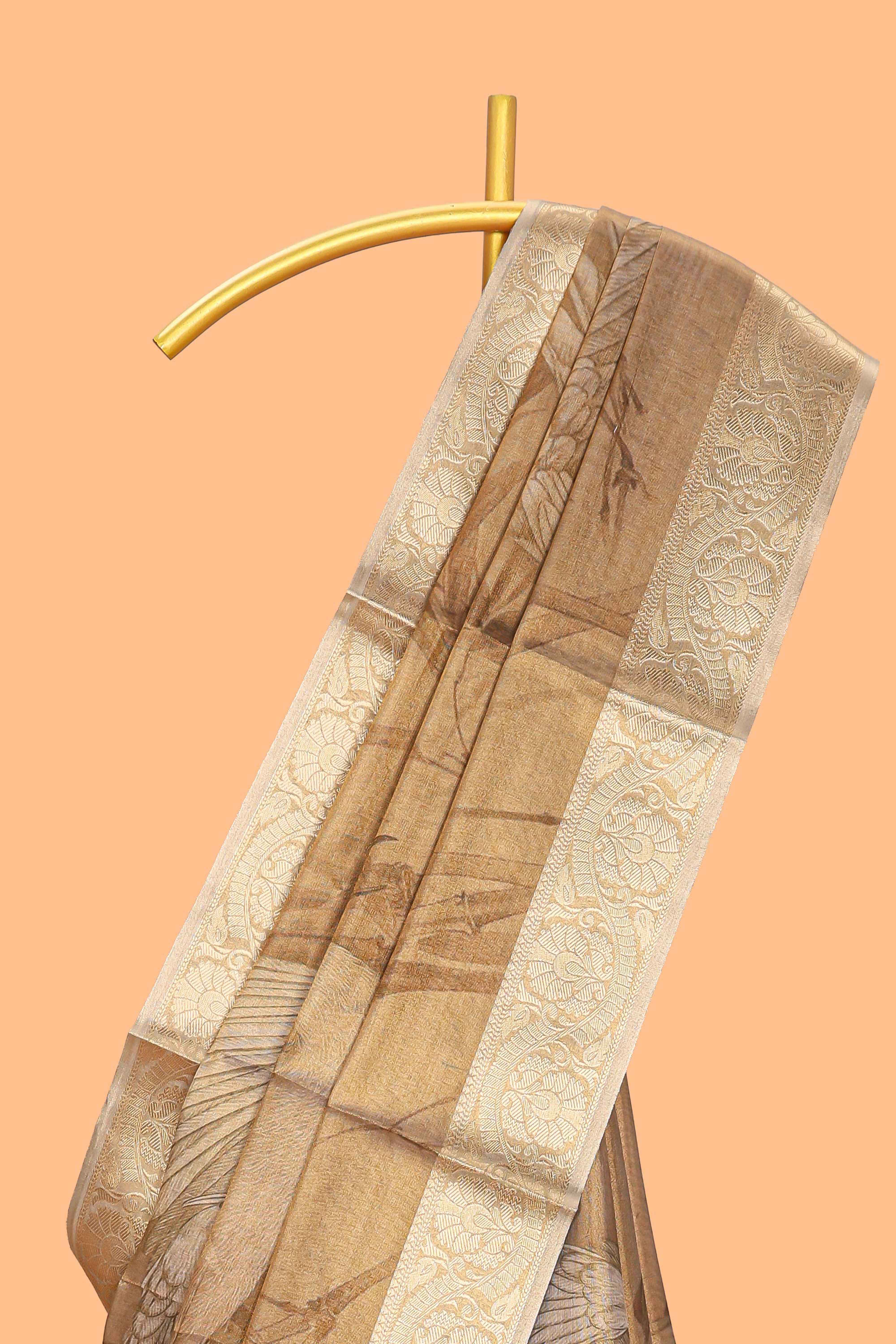 Brown floral & bird design art tissue saree with self zari border and matching blouse
