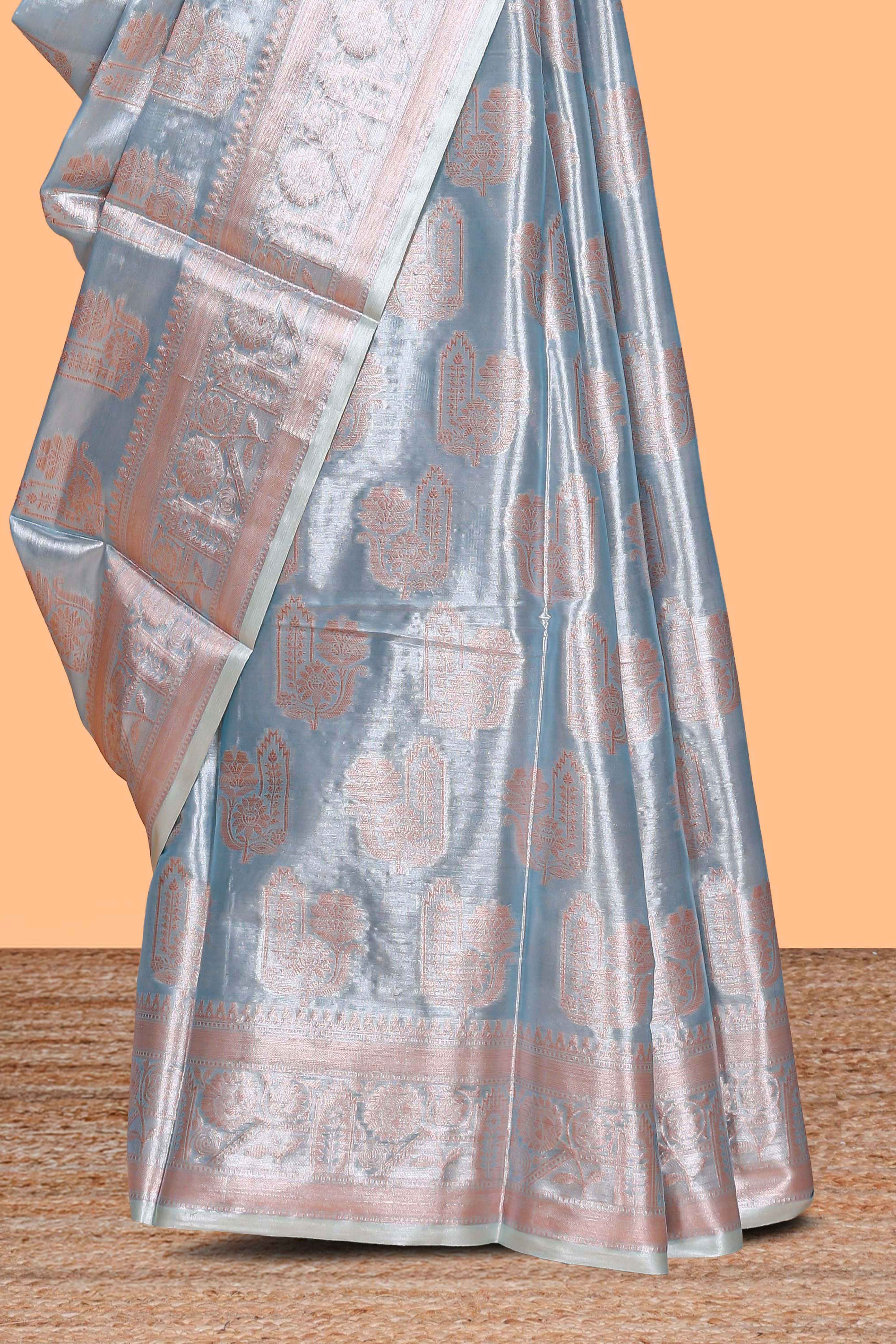 Mauve blue floral zari motifs design art tissue saree with self zari border and contrast blouse