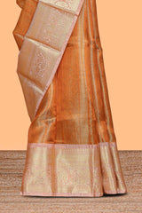 Orange zari design art tissue saree with contrast zari border and contrast blouse