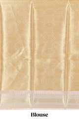 Orange zari design art tissue saree with contrast zari border and contrast blouse