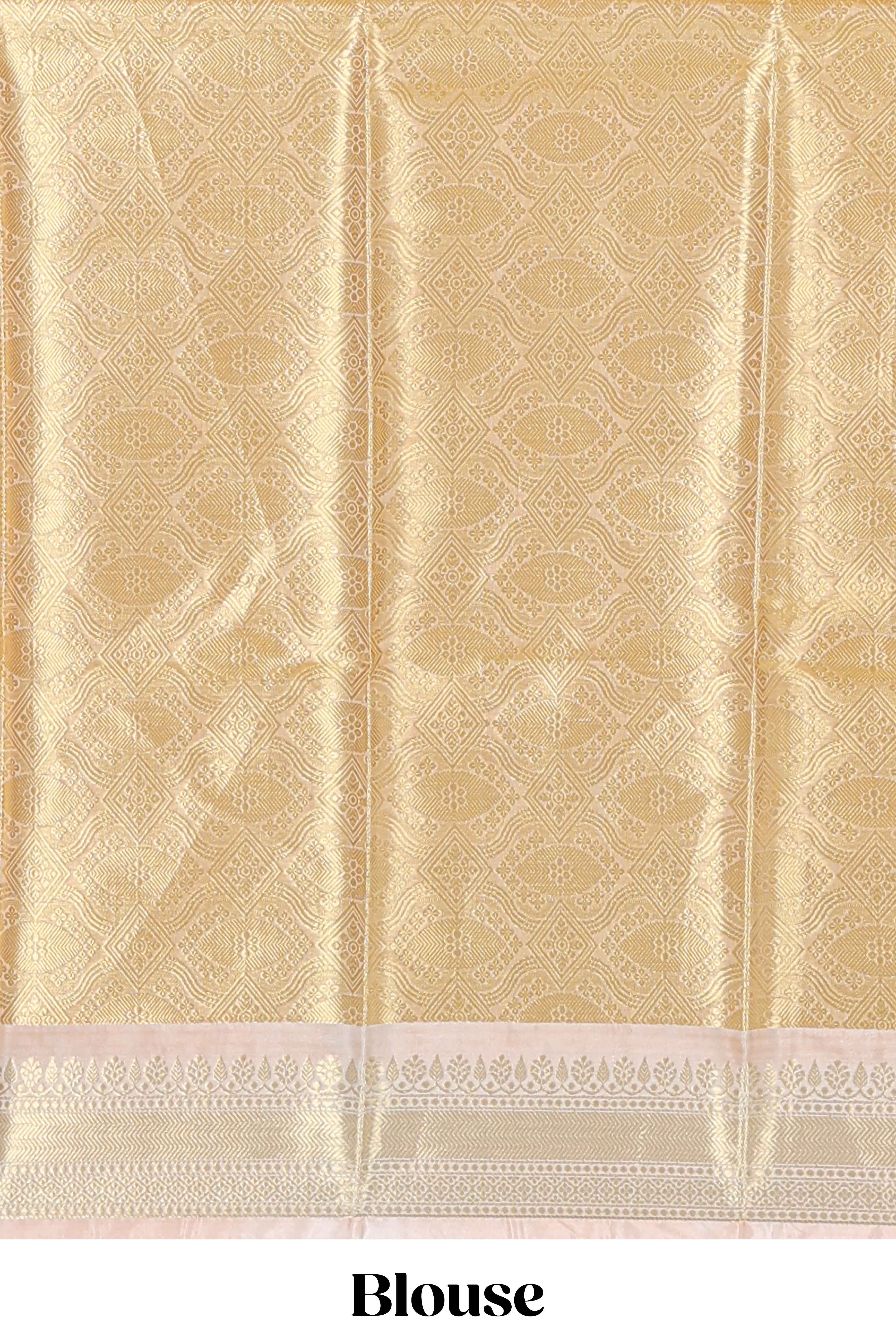 Orange zari design art tissue saree with contrast zari border and contrast blouse