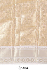 Rust orange zari design art tissue saree with contrast zari border and motifs blouse