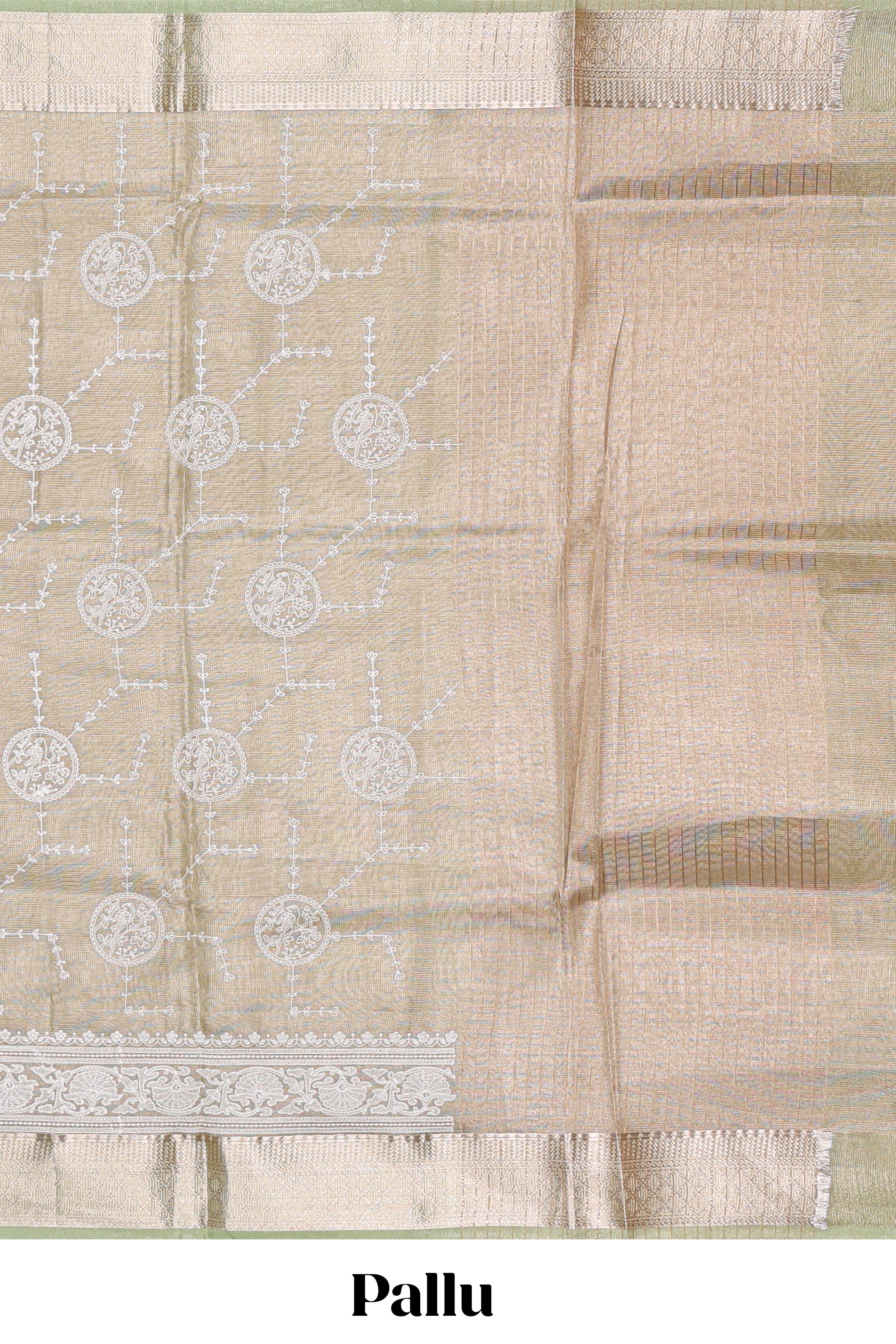 Sage green unique design art tissue saree with self zari border and matching blouse