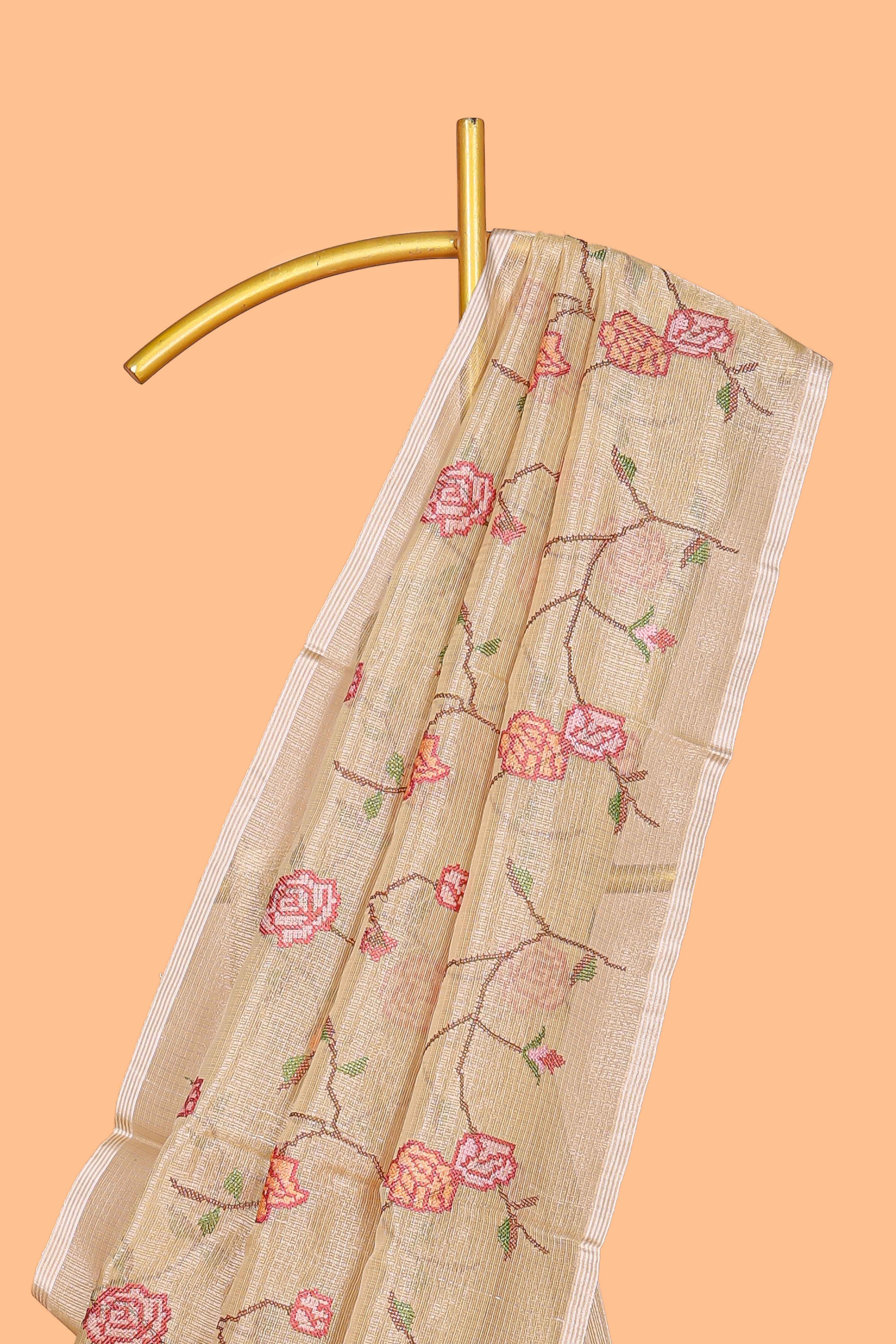 Borderless sandal floral pattern art tissue saree with floral design pallu and plain blouse