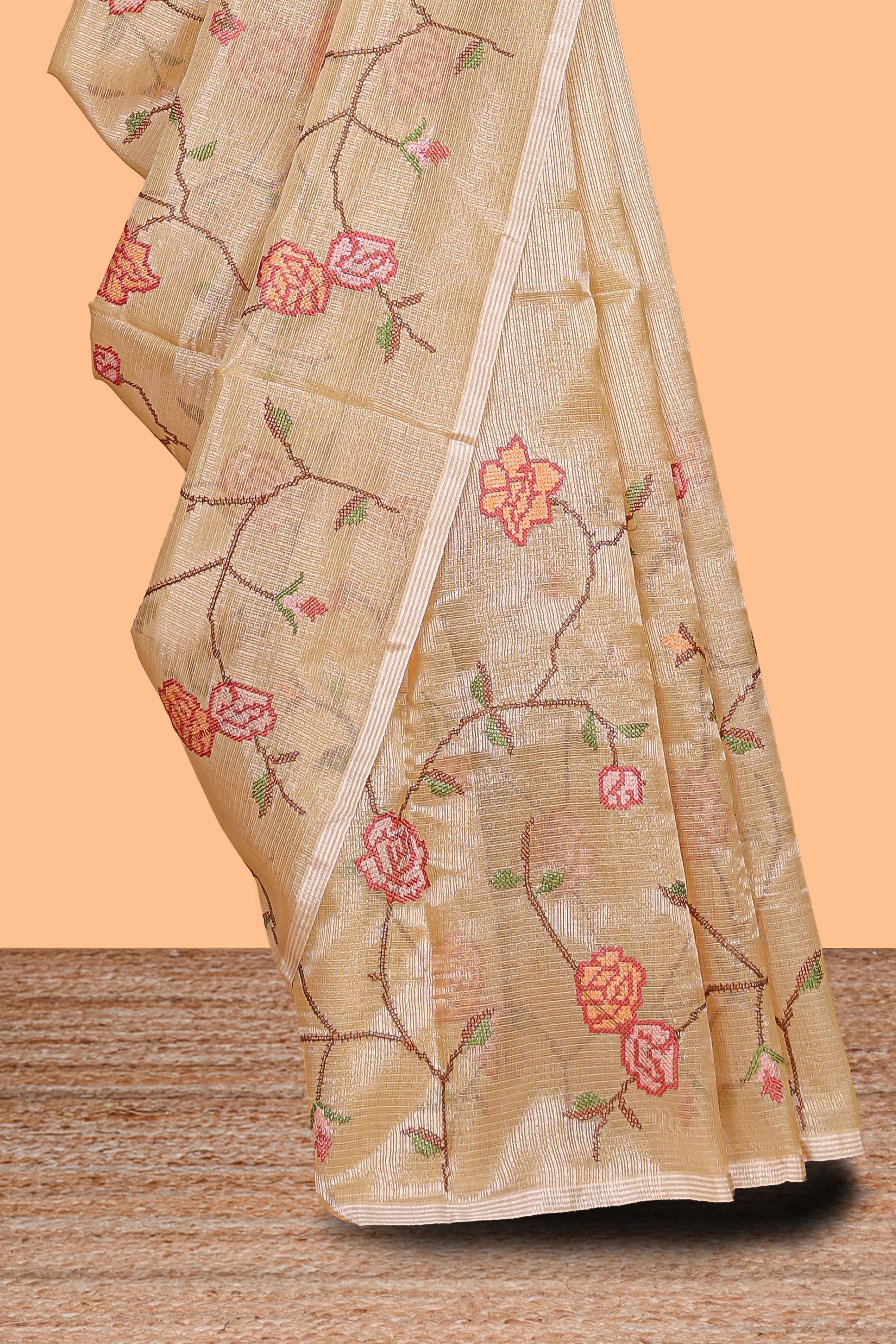 Borderless sandal floral pattern art tissue saree with floral design pallu and plain blouse