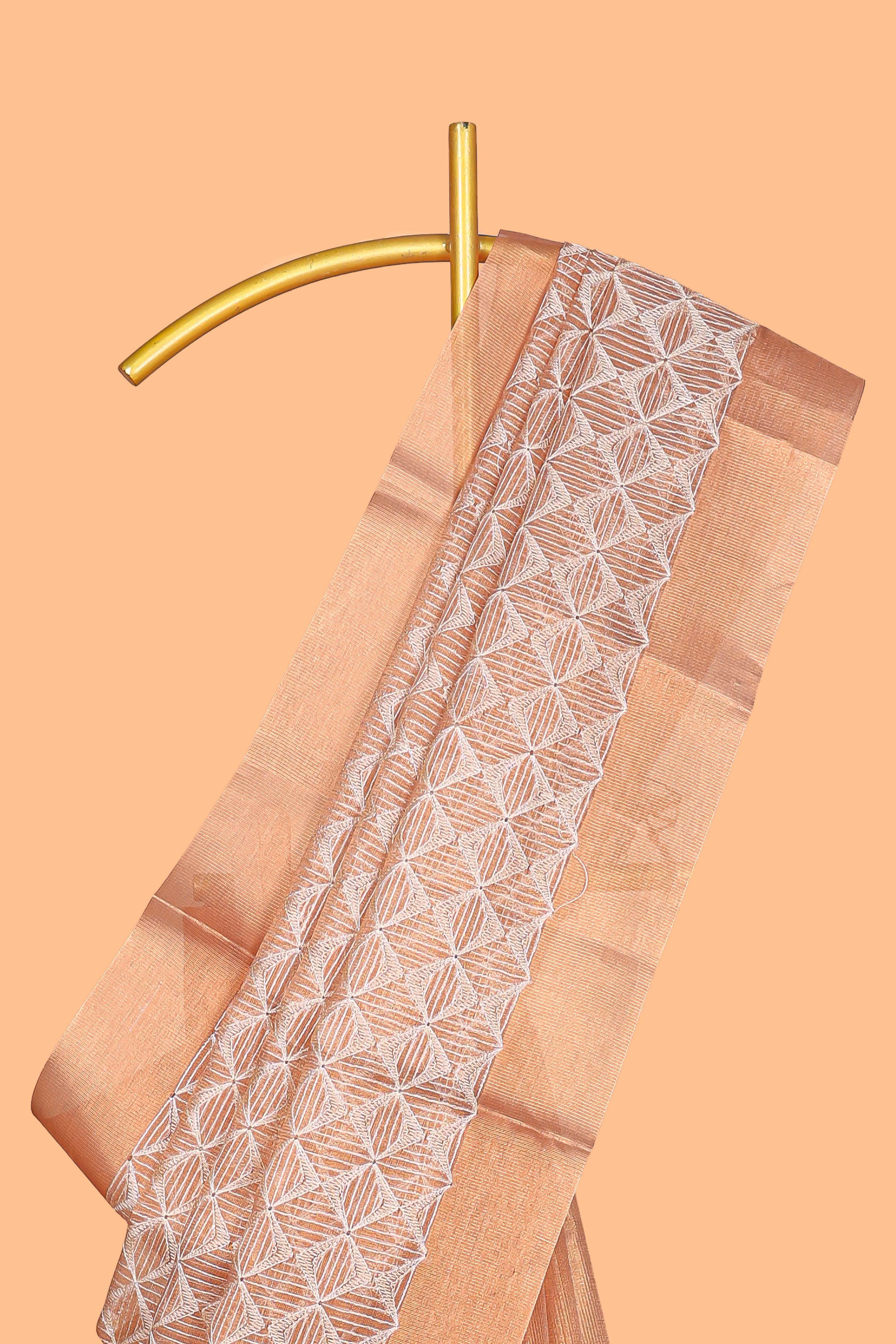 Orange geometric design art tissue saree with self zari border and plain blouse