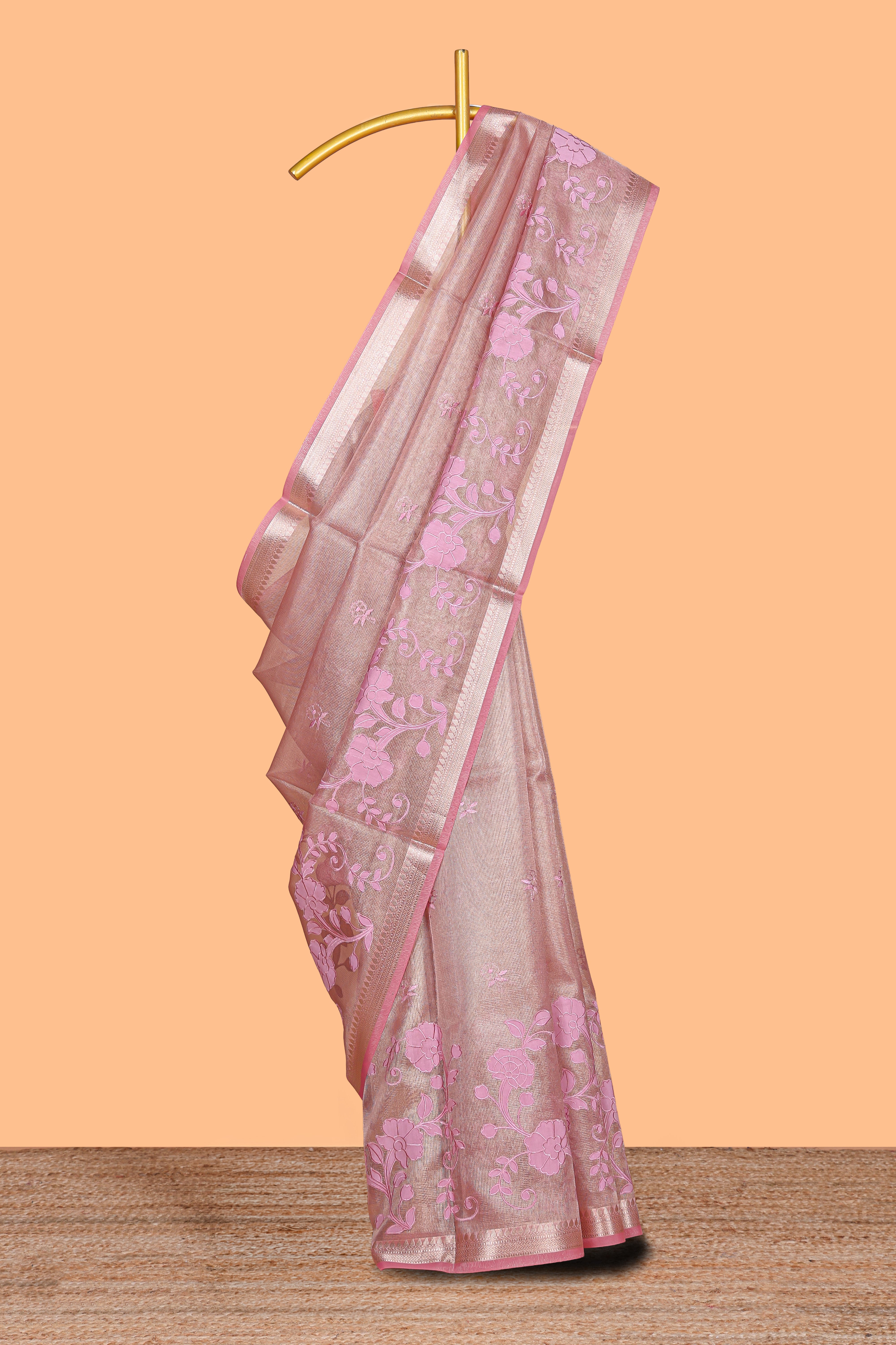 Pink floral design art tissue saree with zari border and Plain blouse