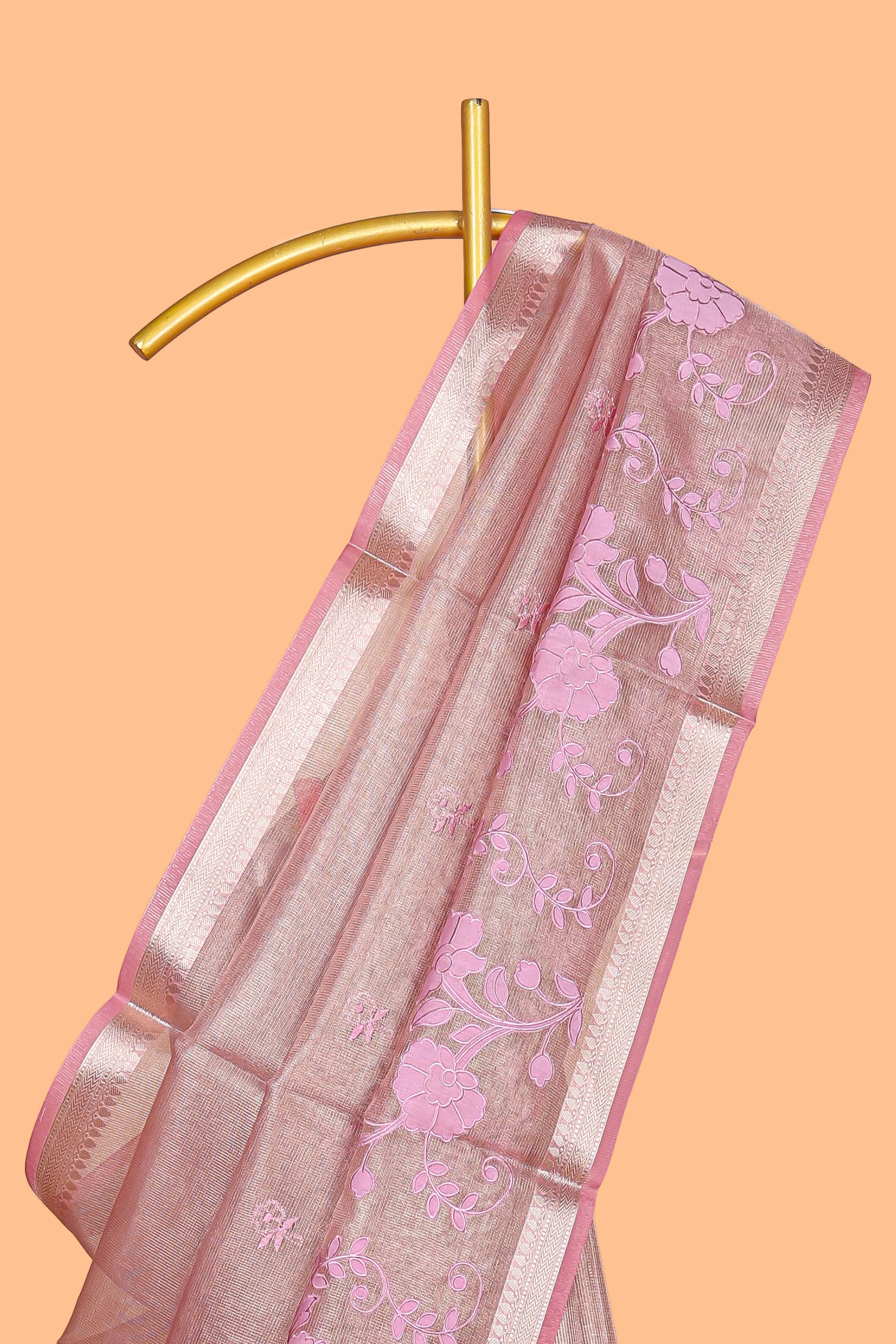 Pink floral design art tissue saree with zari border and Plain blouse