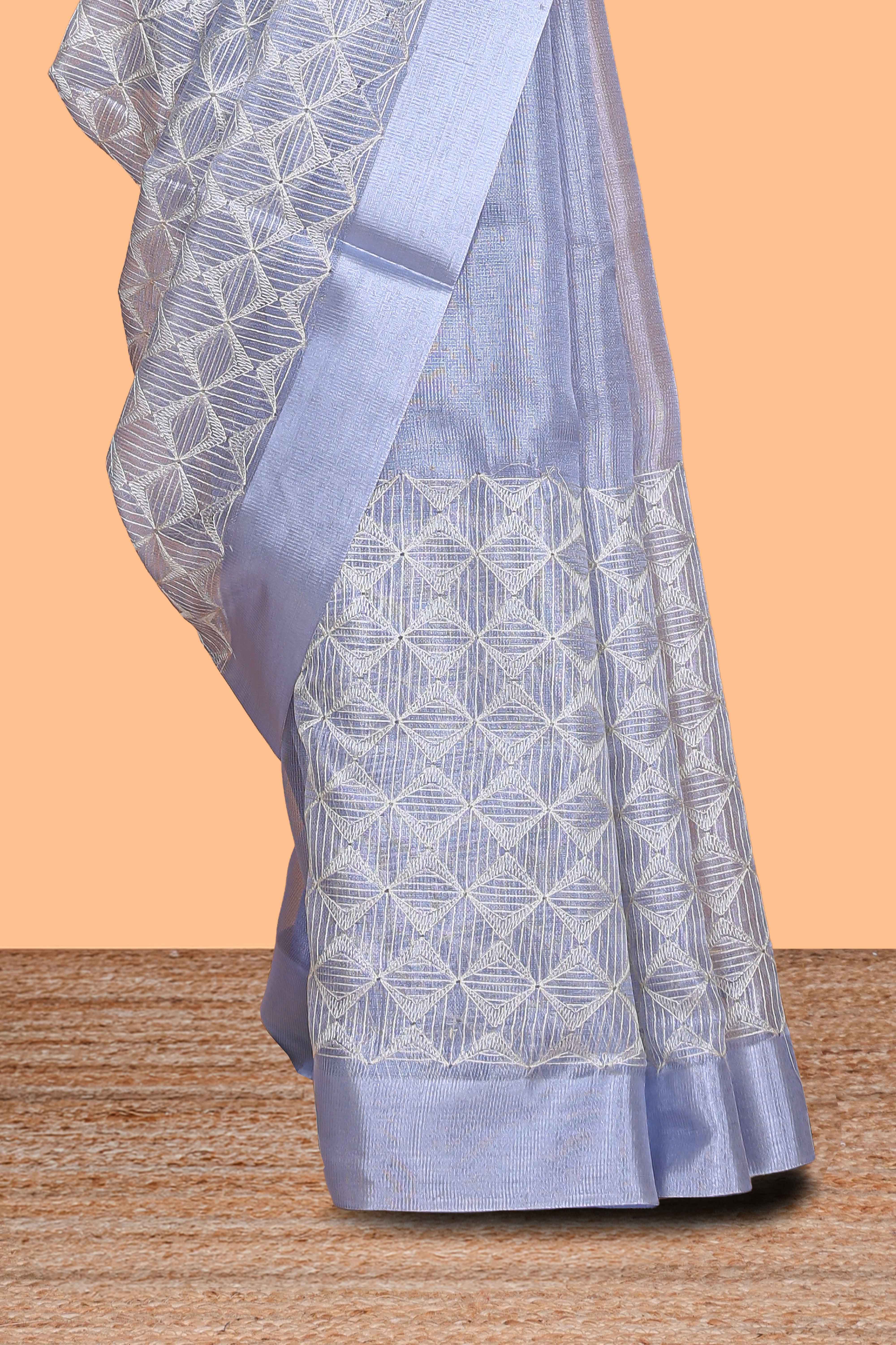 Lavender shade unique design art tissue saree with zari border and plain blouse