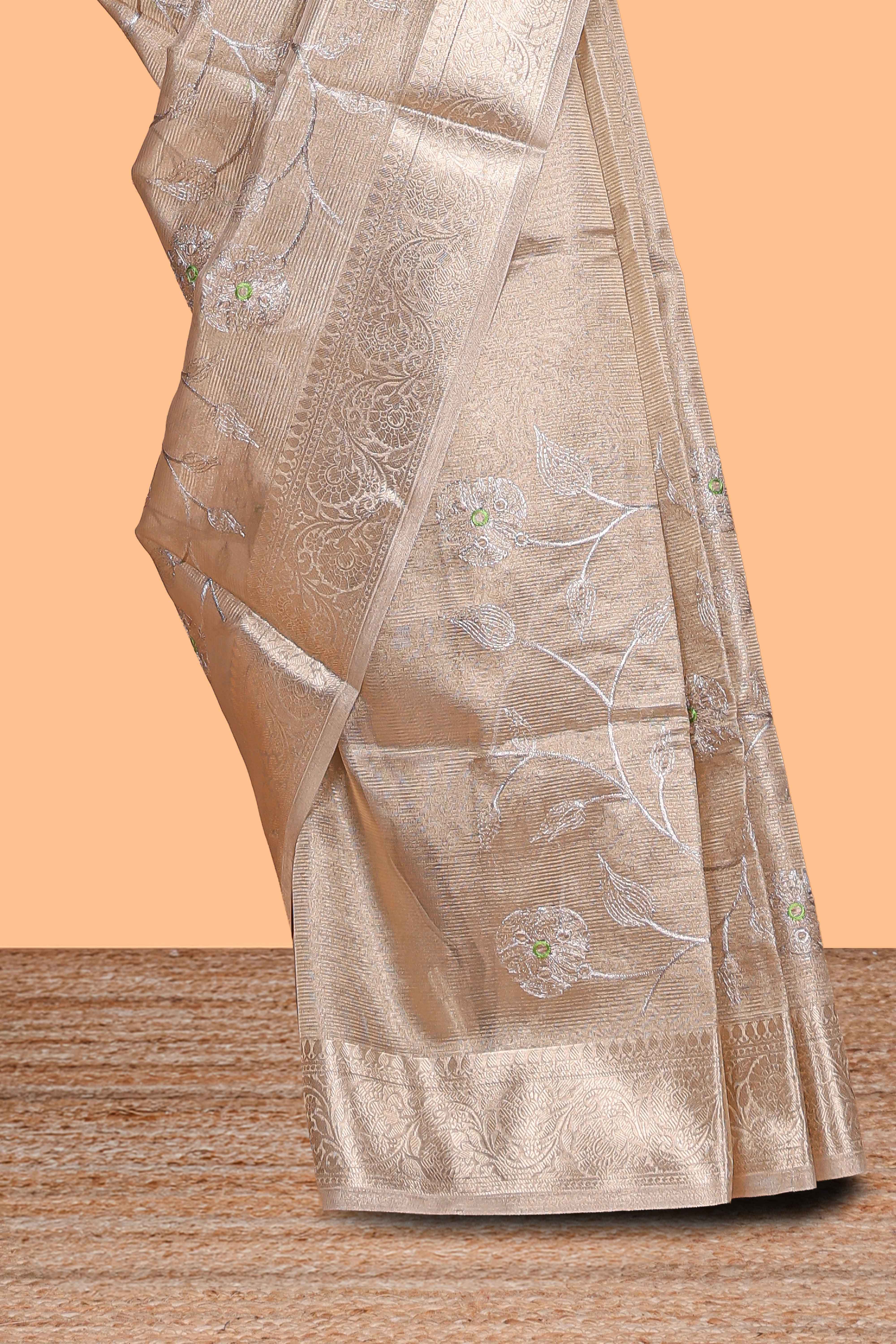 Antique Gold floral vine design art tissue saree with zari border and plain blouse