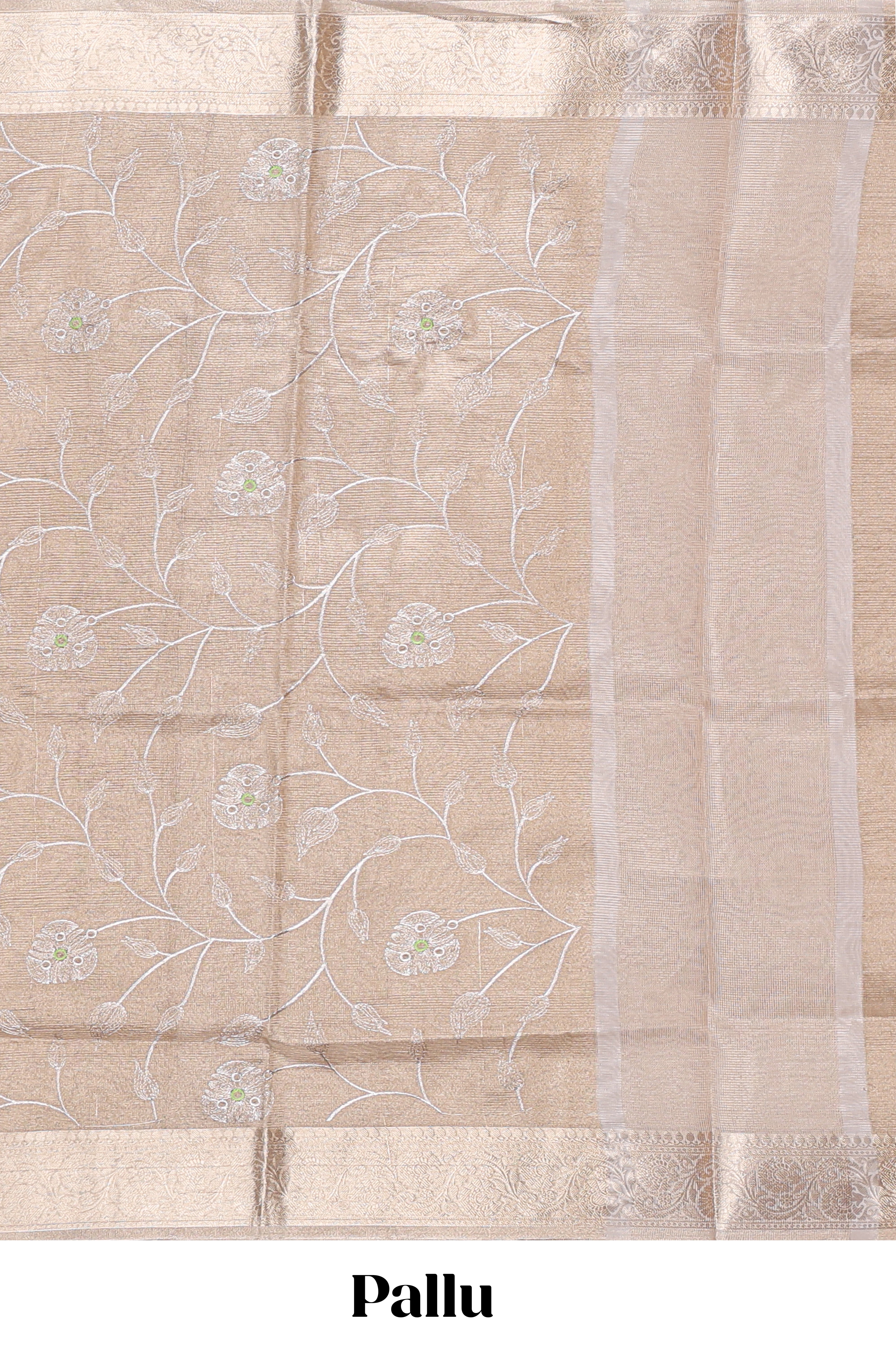 Antique Gold floral vine design art tissue saree with zari border and plain blouse