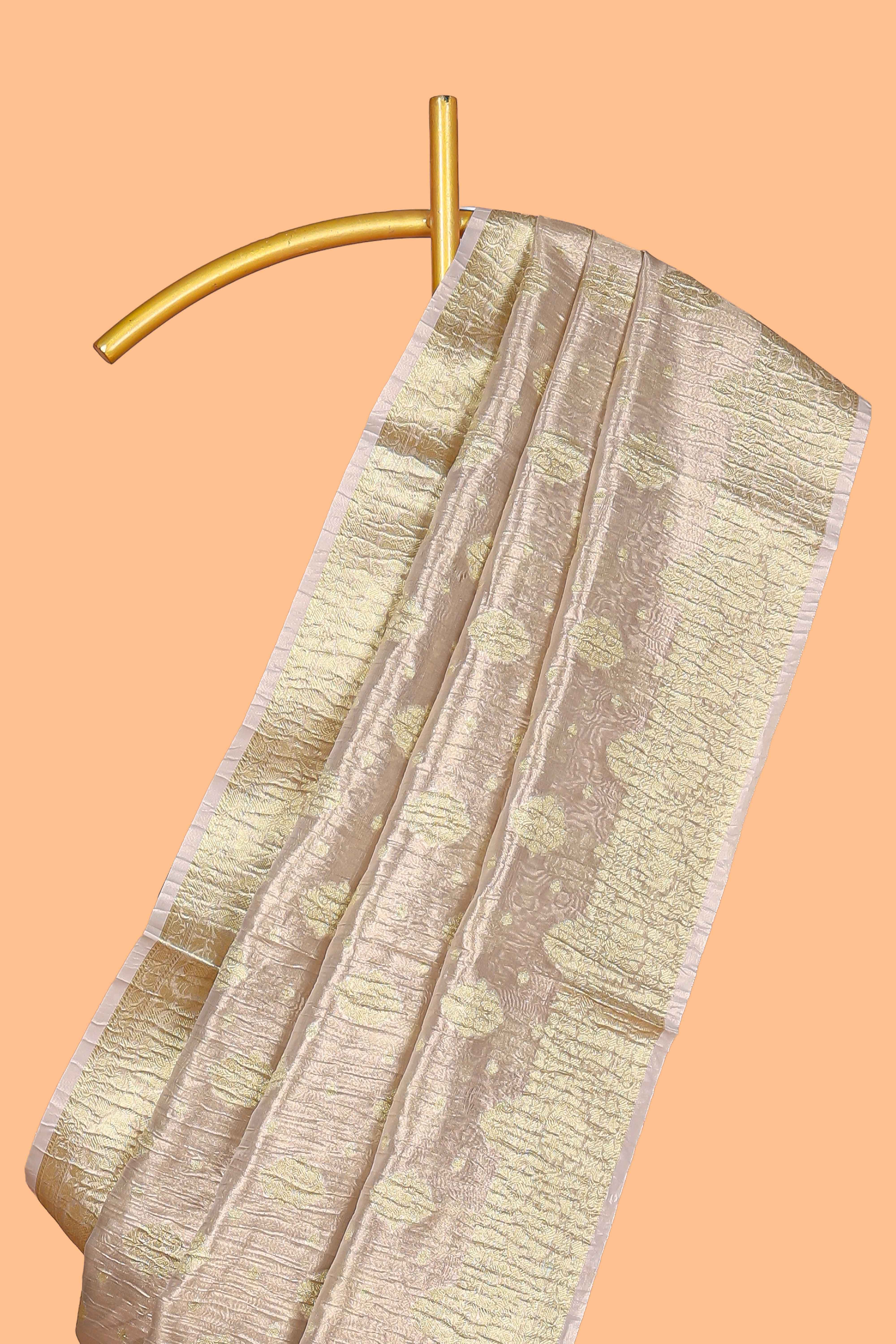 Rose gold color butta designs art tissue saree with zari border and plain blouse