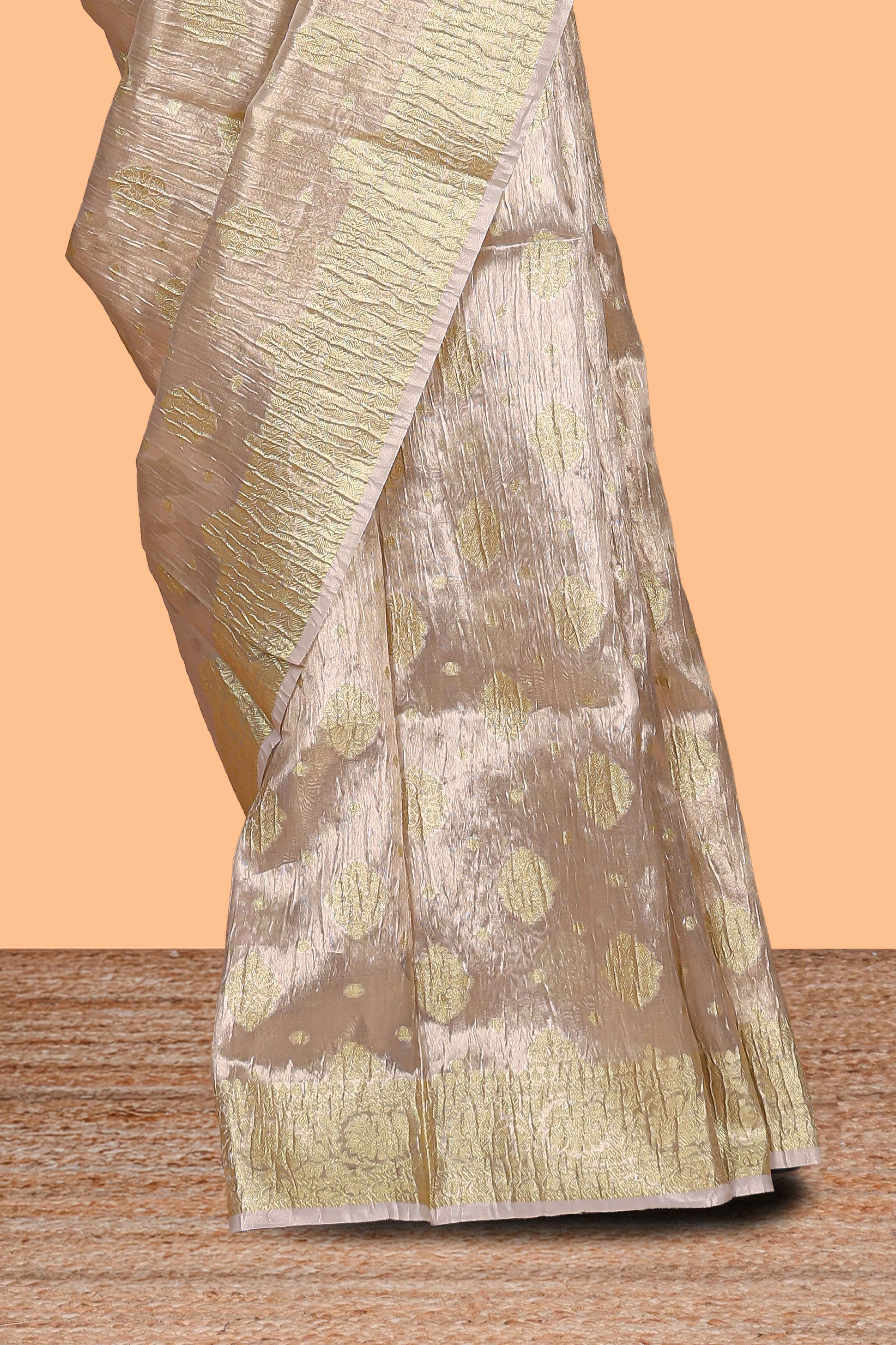 Rose gold color butta designs art tissue saree with zari border and plain blouse