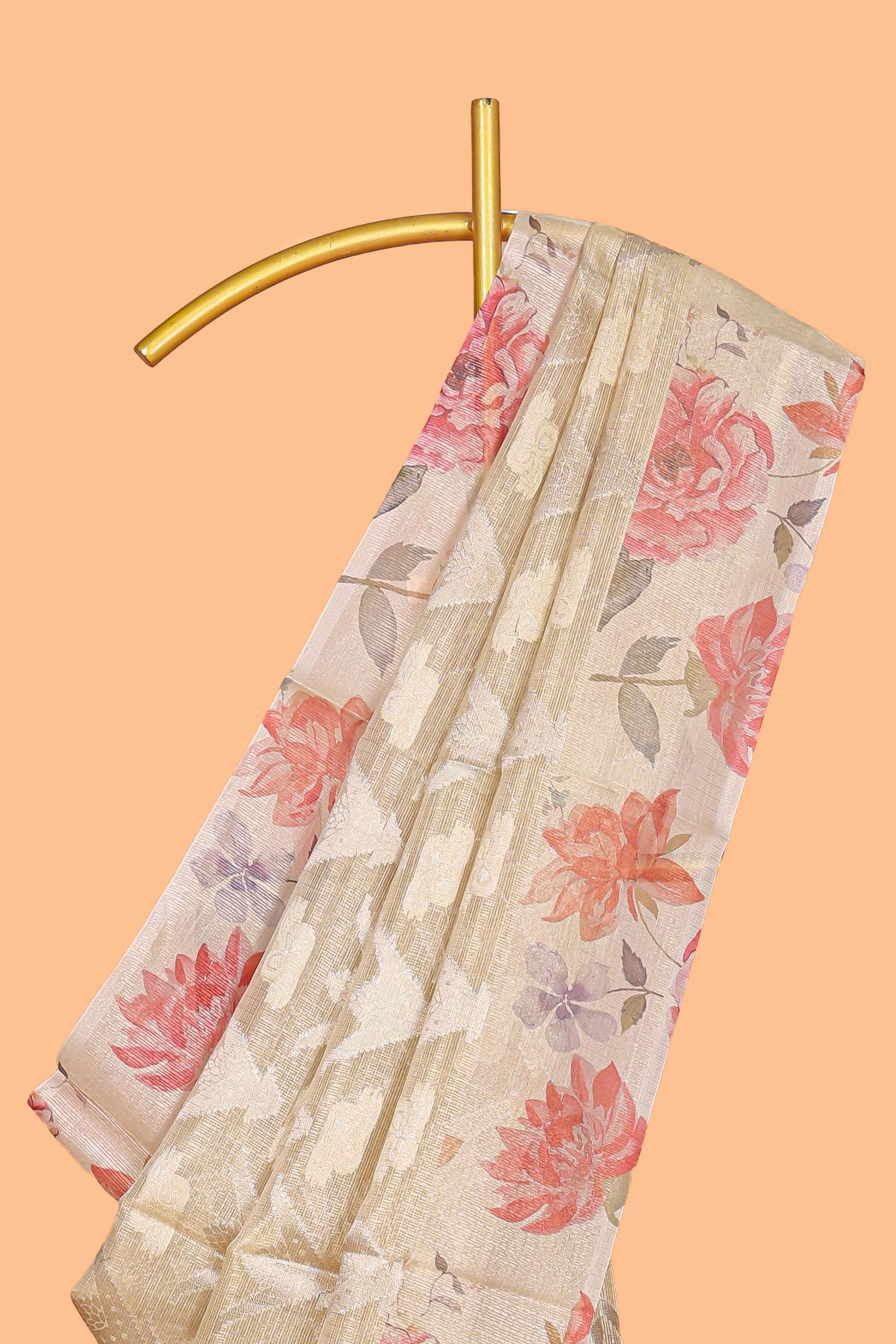 Borderless sandal floral design art tissue saree with self pallu and floral design blouse