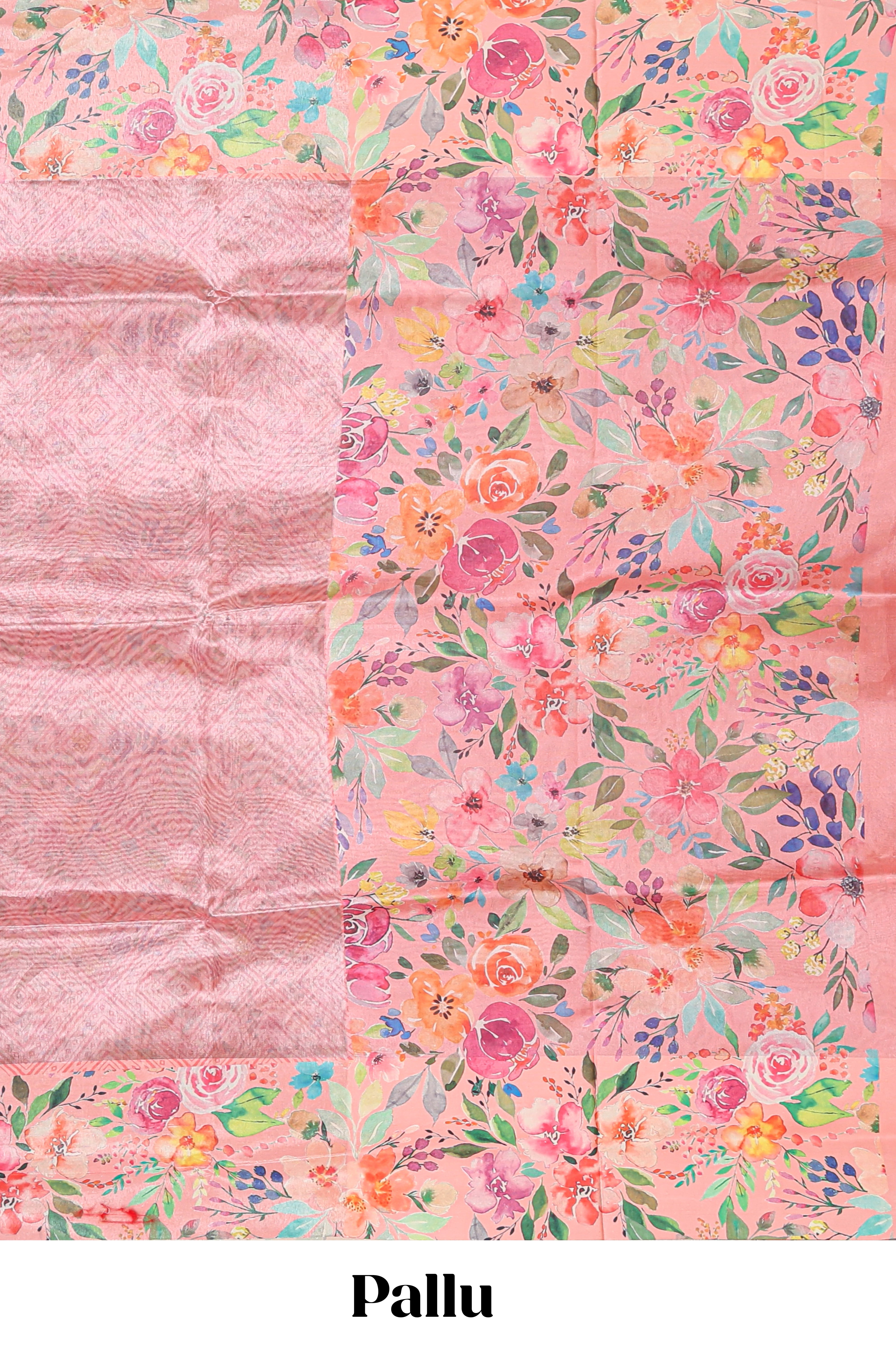 Peach shade plain art tissue saree with contrast colorful floral border and blouse