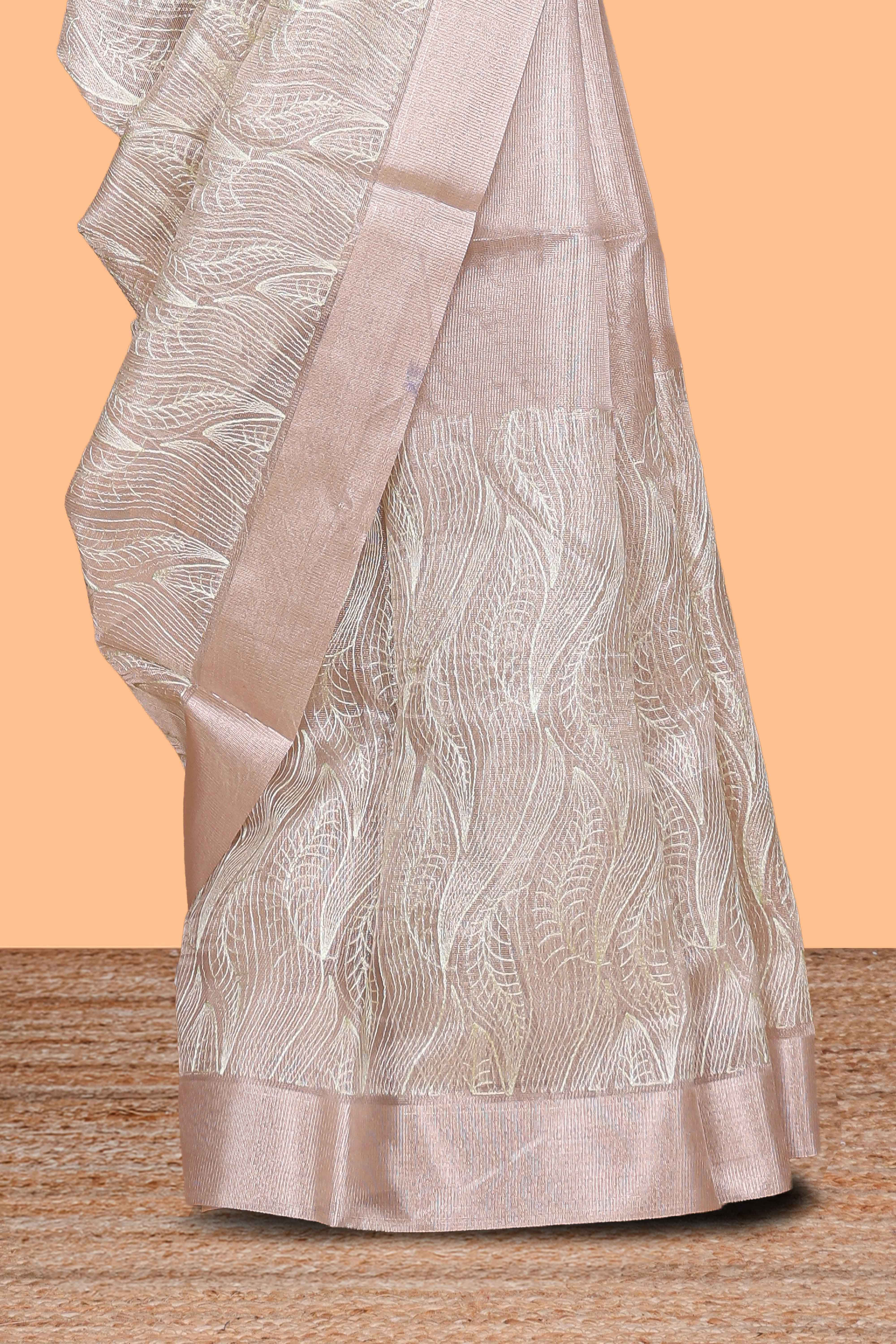 Ivory leaf patterned zari design art tissue saree with zari border and plain blouse
