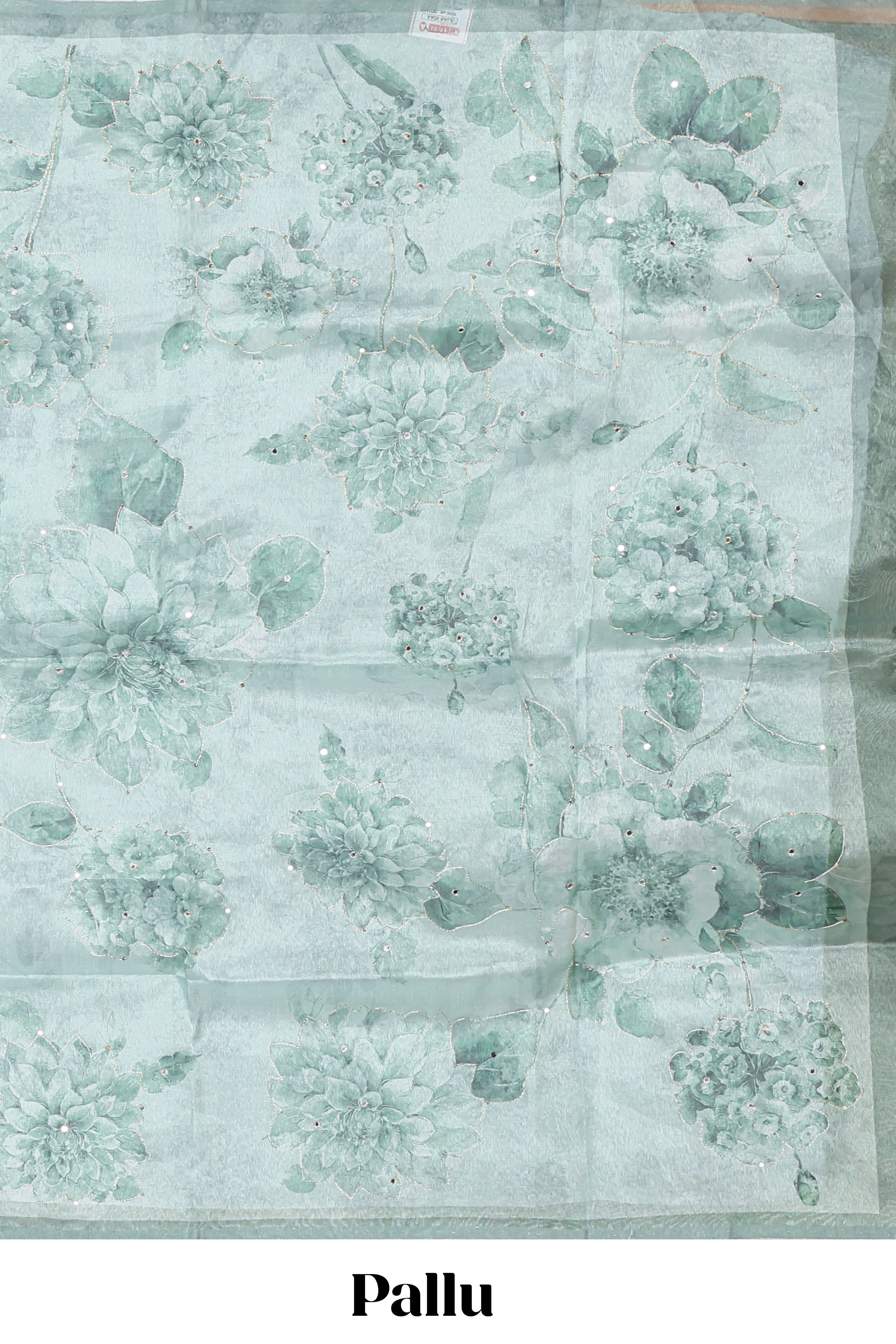 Borderless bottle green floral design art tissue saree with self pallu and floral blouse