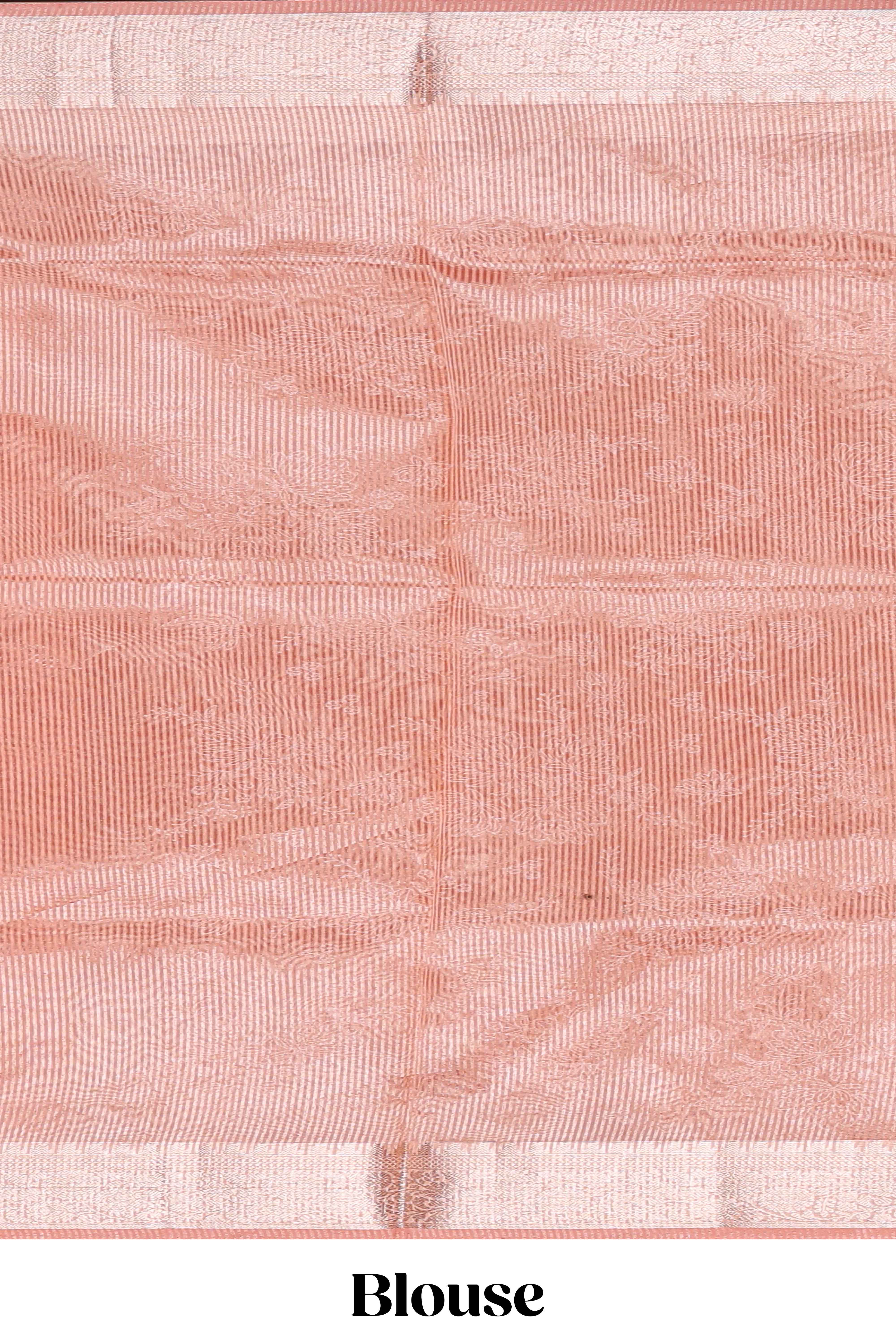Peach floral design art tissue saree with self zari border and Matching blouse along with the floral designed pallu