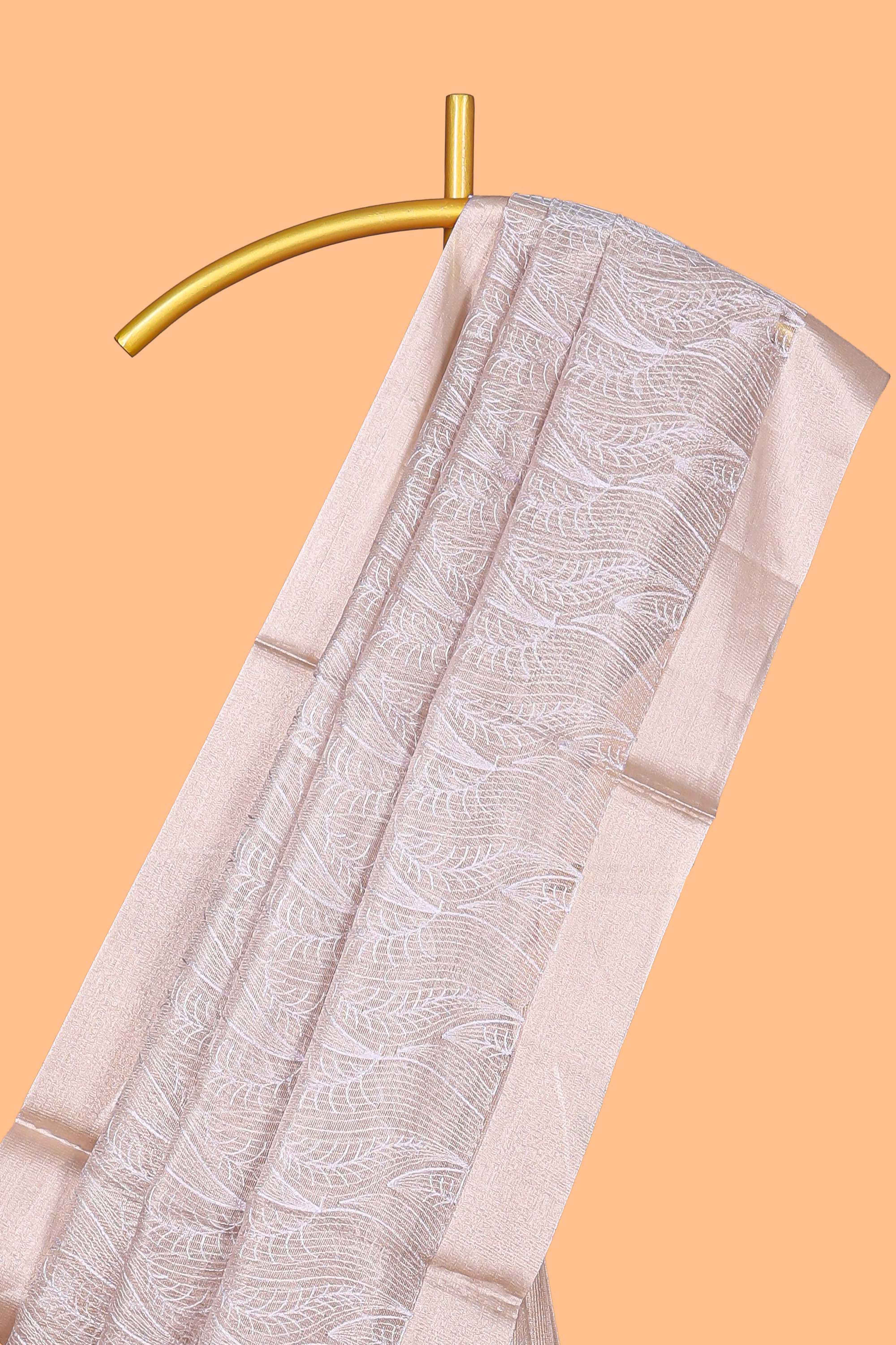 Pearl Ivory flowing leaf and wavy vine pattern art tissue saree with self zari border and contrastr blouse