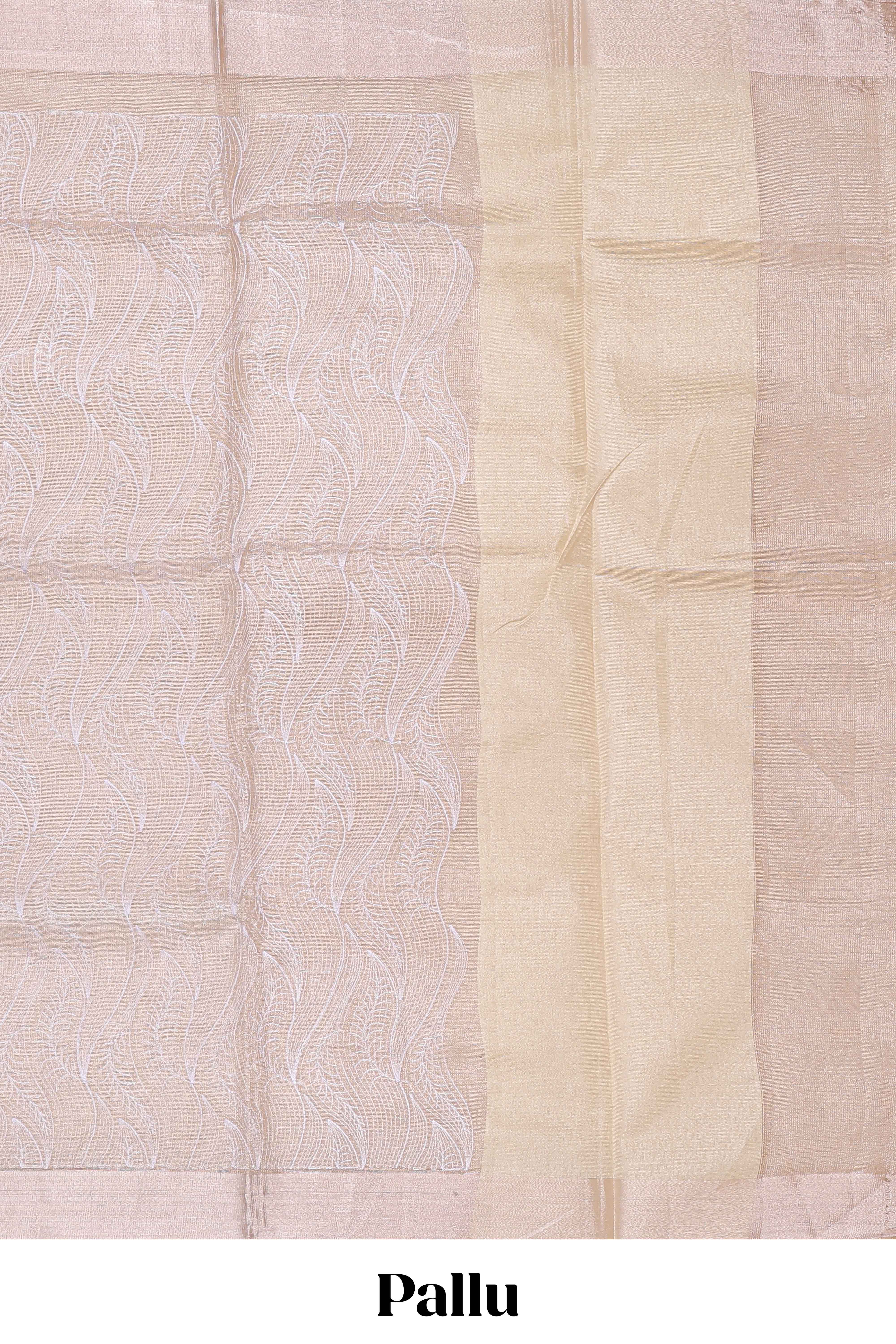 Pearl Ivory flowing leaf and wavy vine pattern art tissue saree with self zari border and contrastr blouse