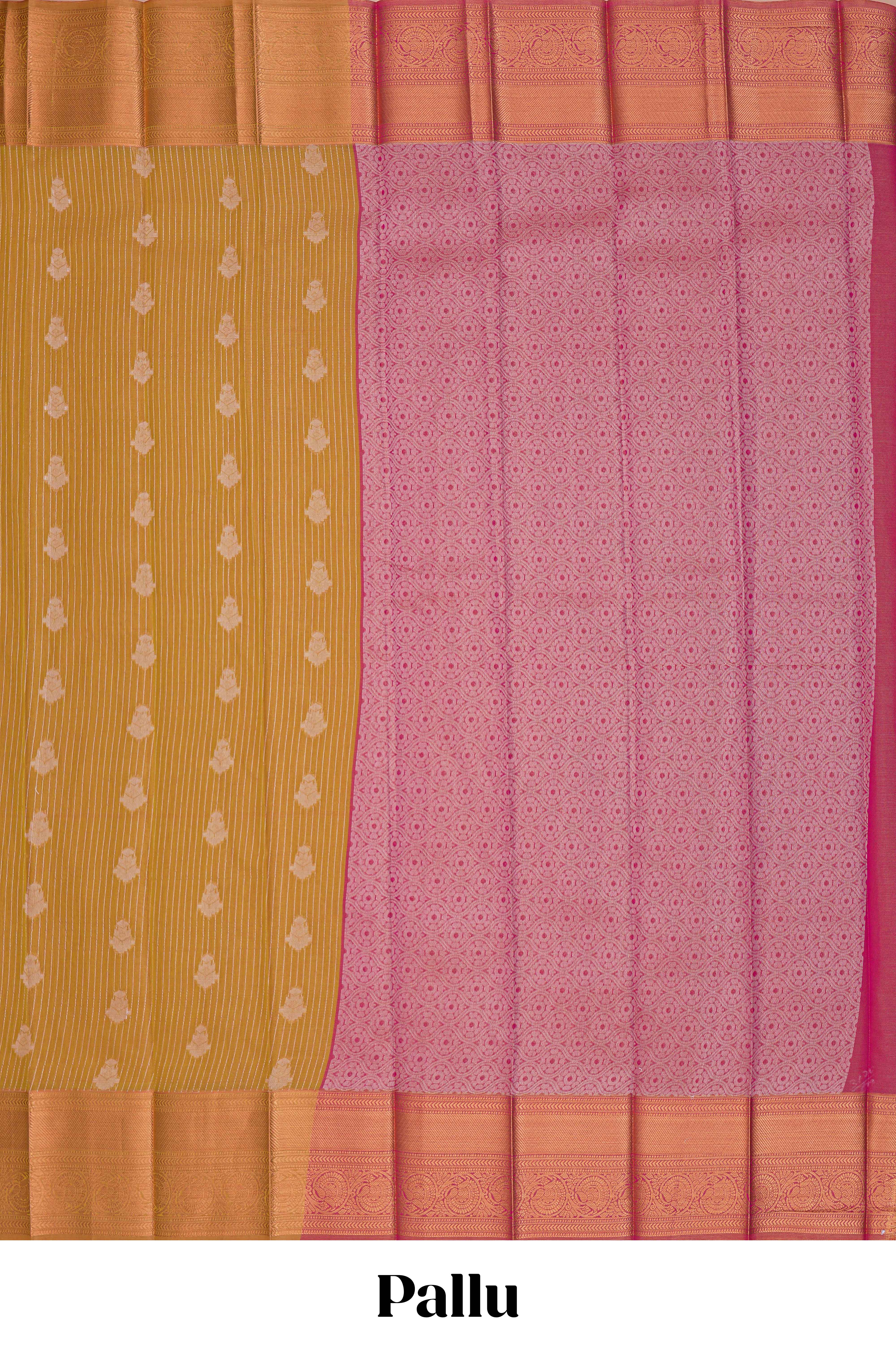 Mustard yellow stripes design tissue saree with contrast border and pallu