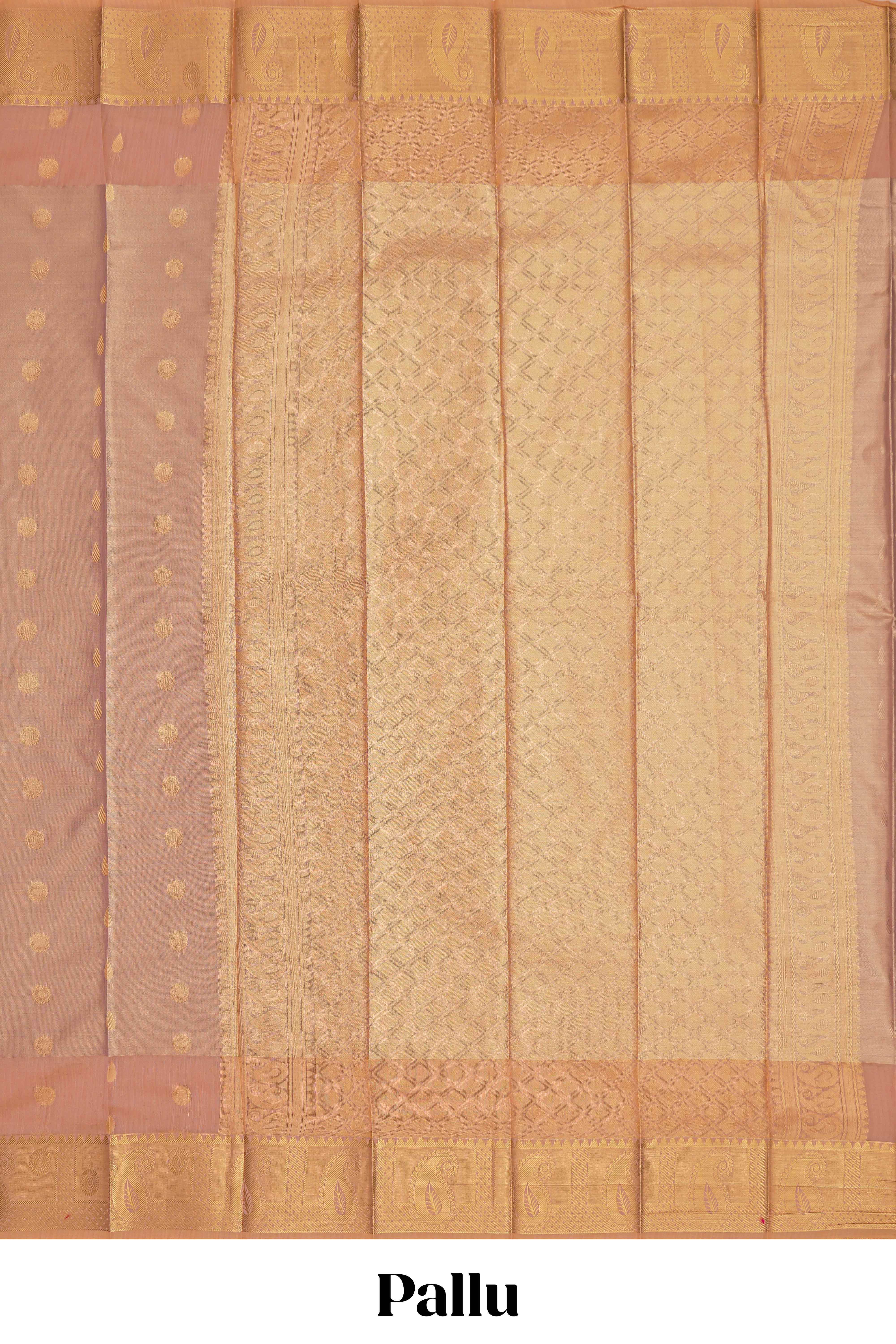 Faded peach motifs design tissue saree with contrast border and matching blouse
