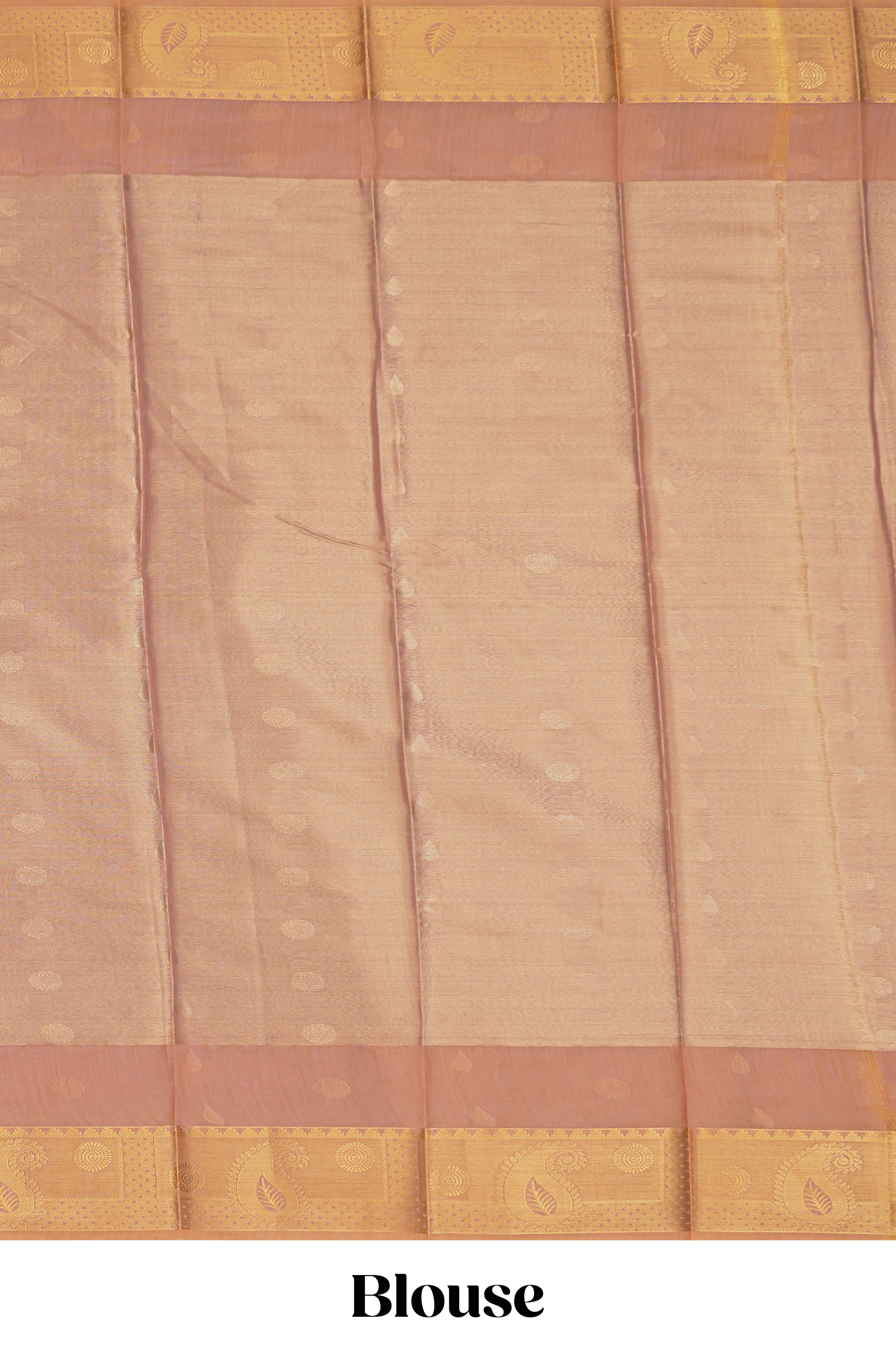 Faded peach motifs design tissue saree with contrast border and matching blouse