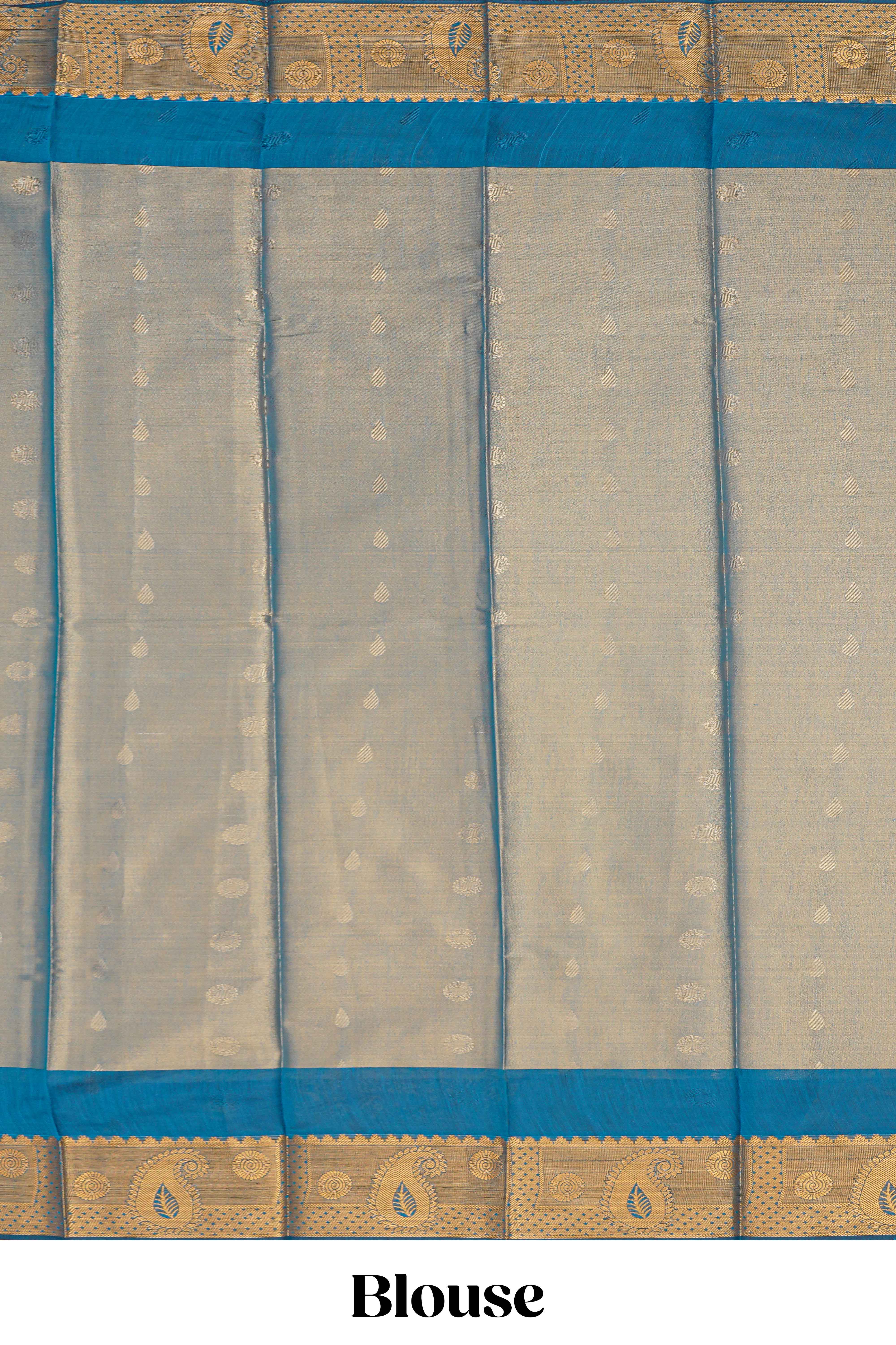 Steel blue motifs design tissue saree with contrast border and matching blouse