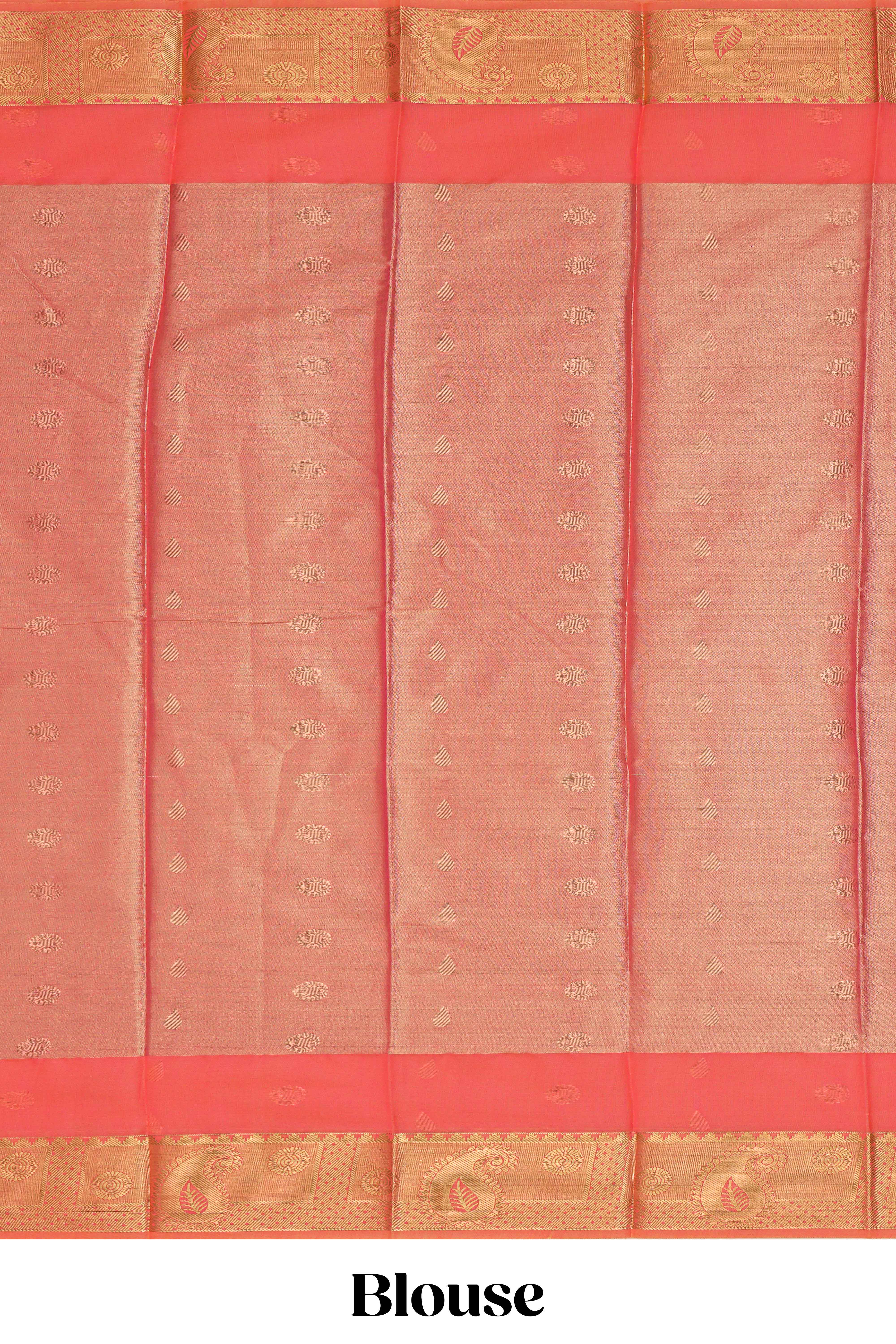 Peach motifs design tissue saree with contrast border and matching blouse