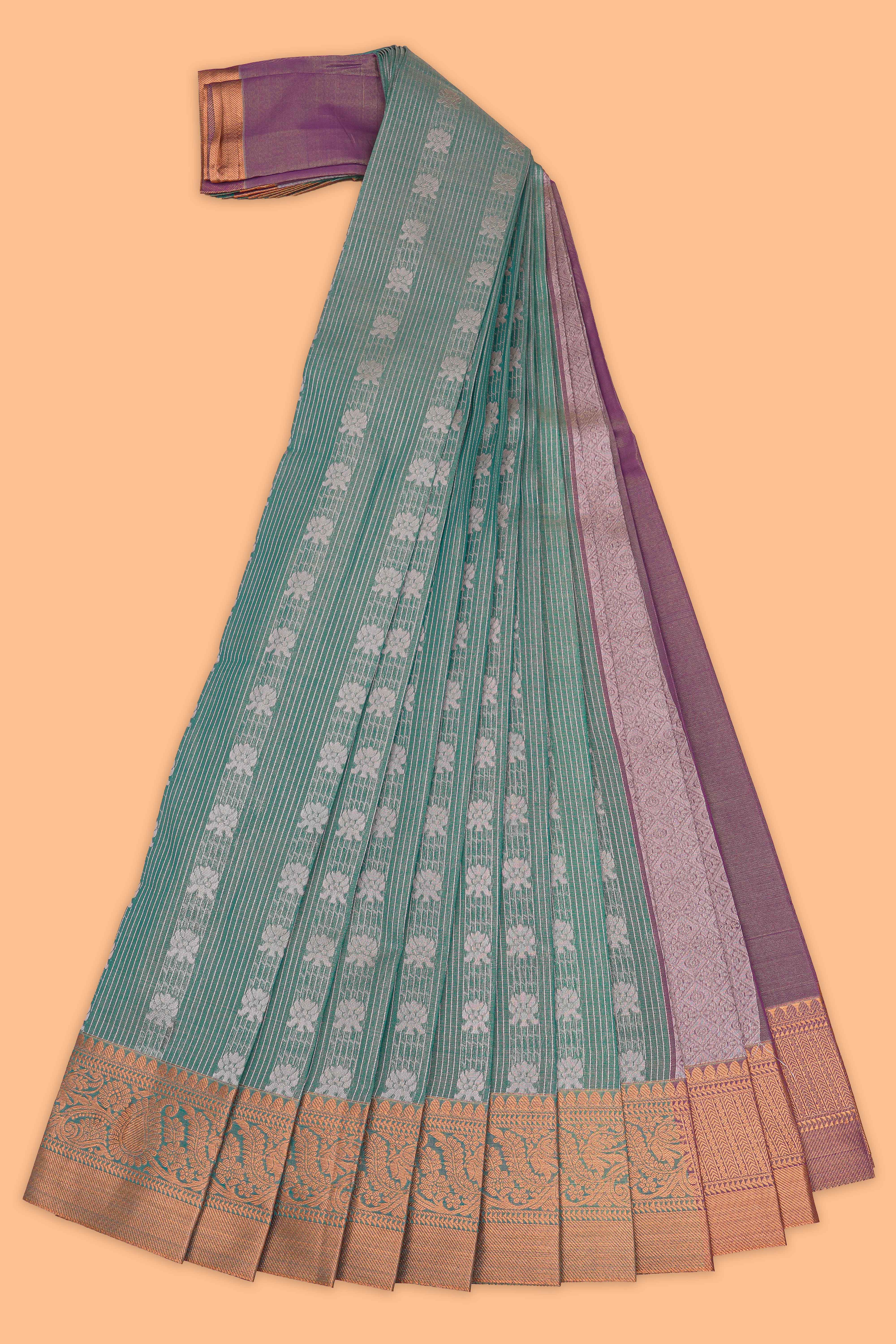 Pine green stripes design tissue saree with contrast border and blouse