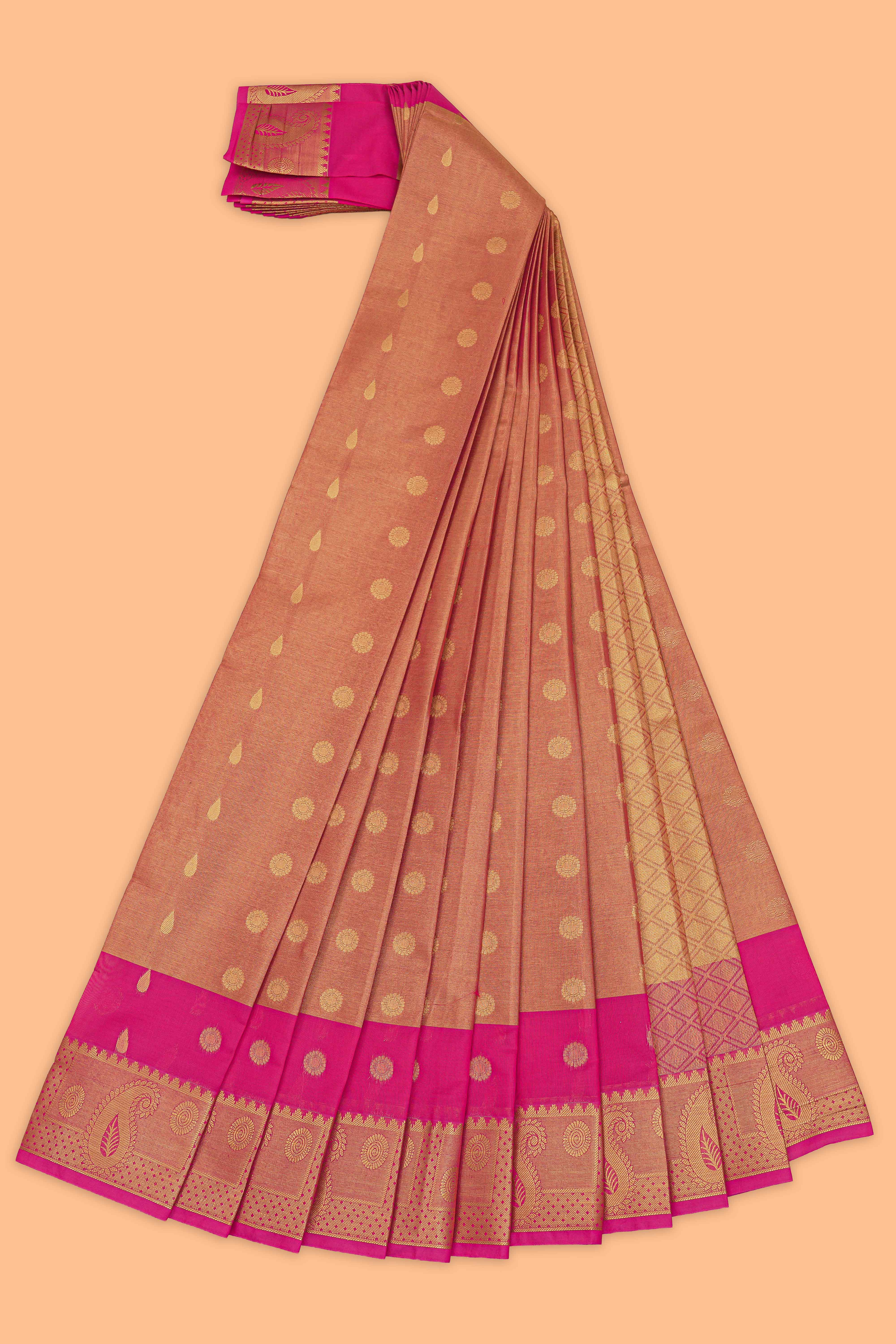 Bright Pink striped tissue saree with contrast zari border and blouse
