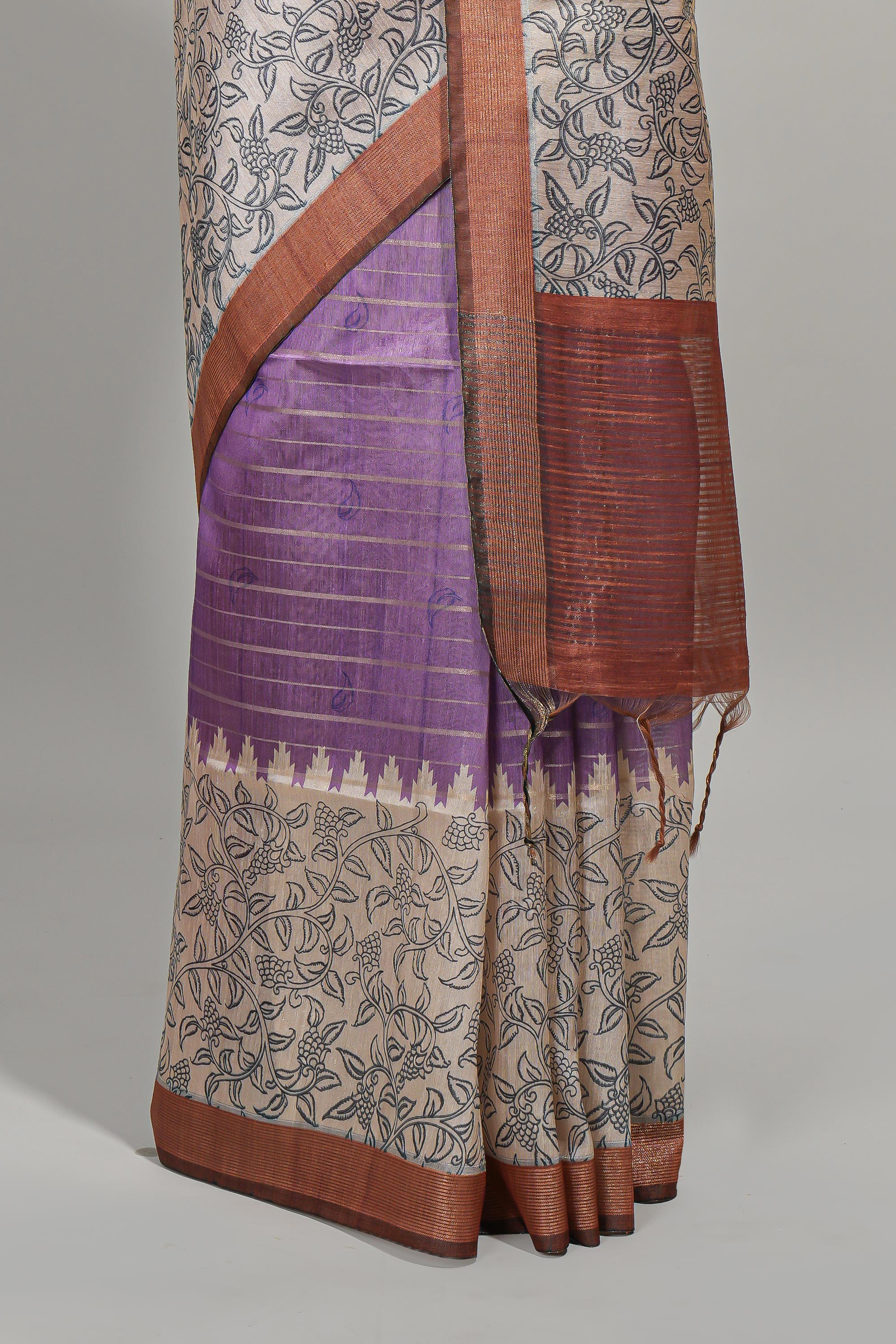 Lavender striped floral design semi tussar saree with contrast border and striped blouse