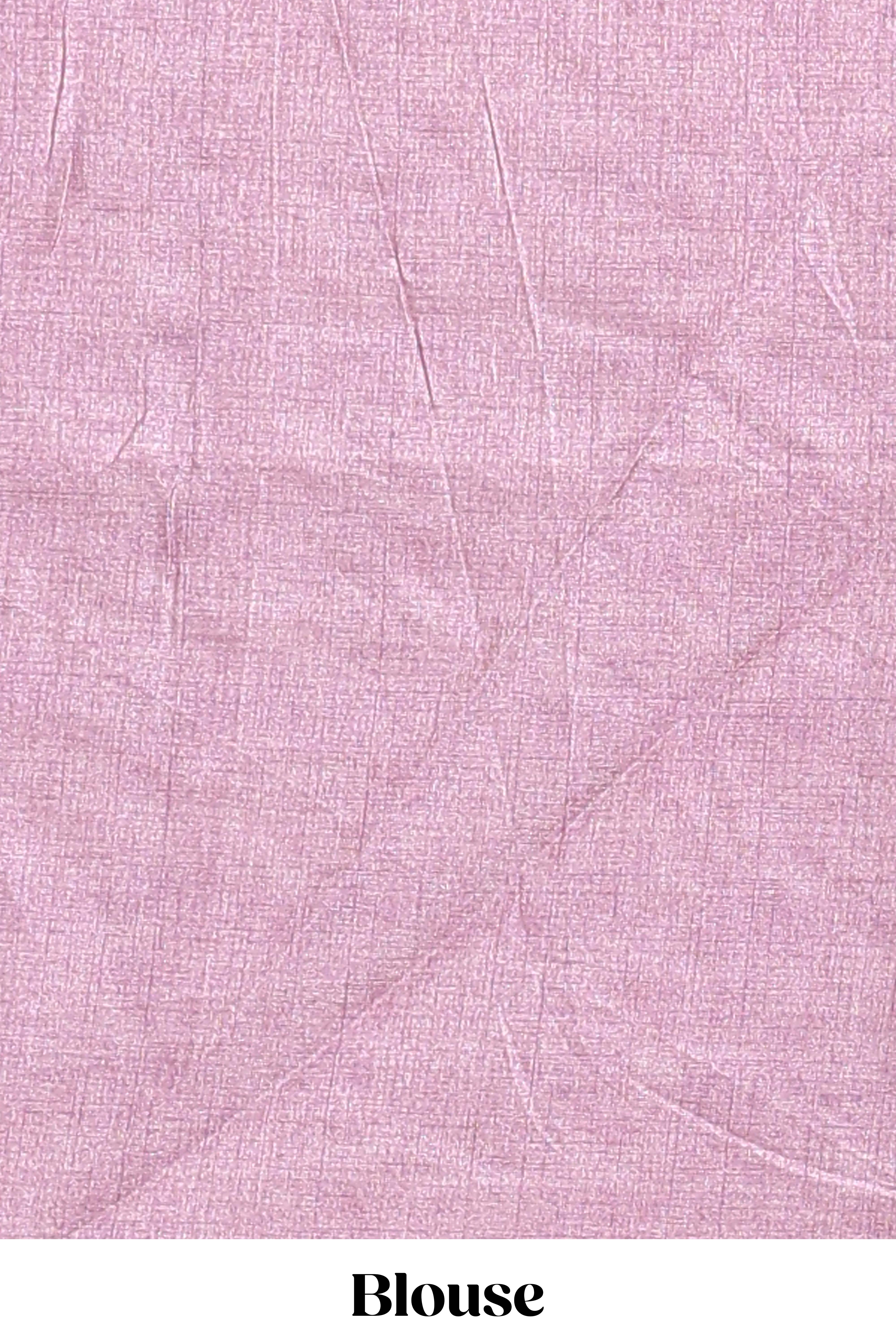 Borderless pink floral motifs art tussar saree with matching blouse and floral design pallu