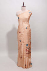 Borderless orange floral motifs art tussar saree with matching blouse and floral design pallu