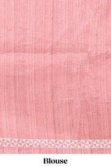 Cream peacock motifs tussar saree with contrast peach border and peacock printed pallu
