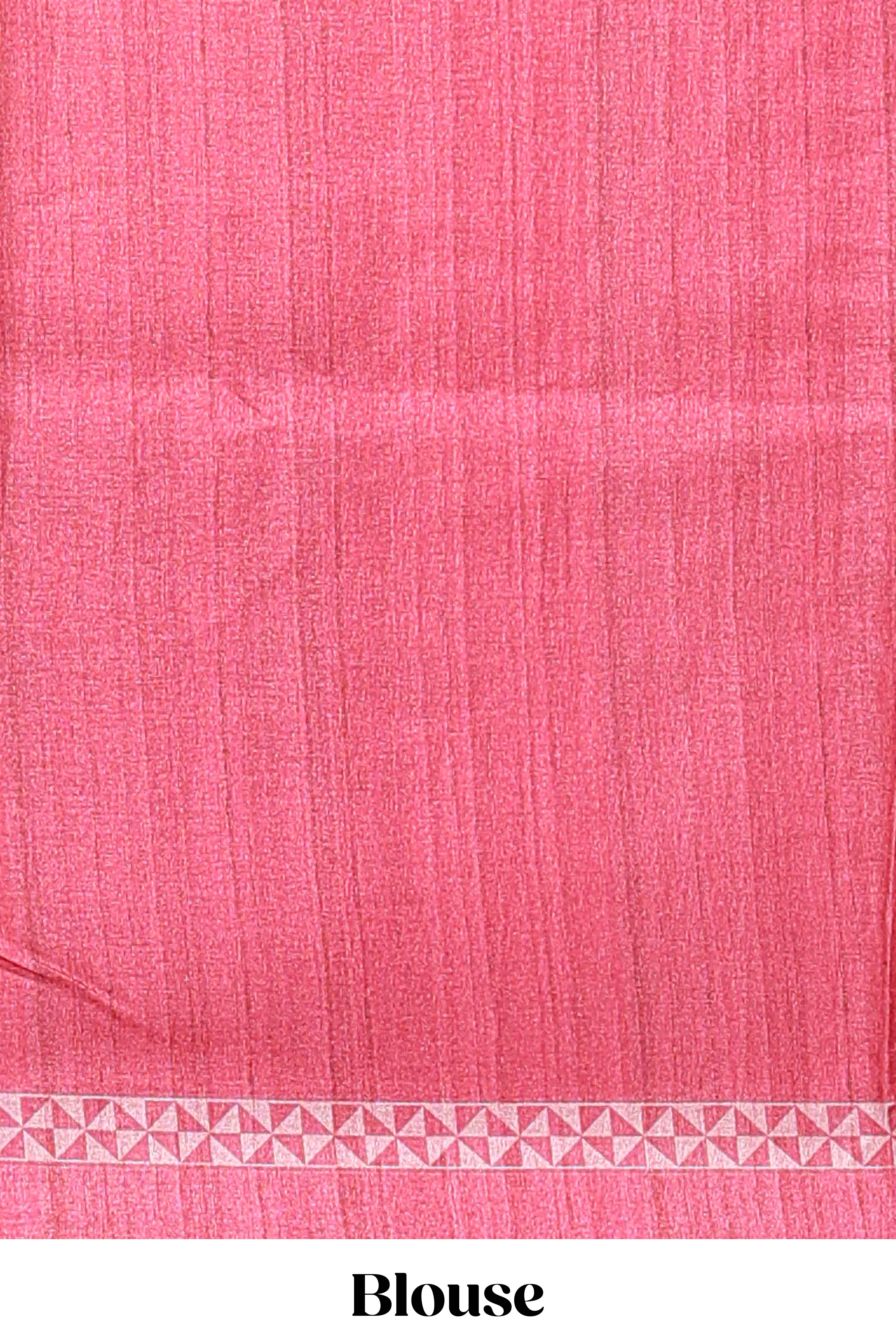 Cream peacock motifs tussar saree with contrast rani pink border and peacock printed pallu