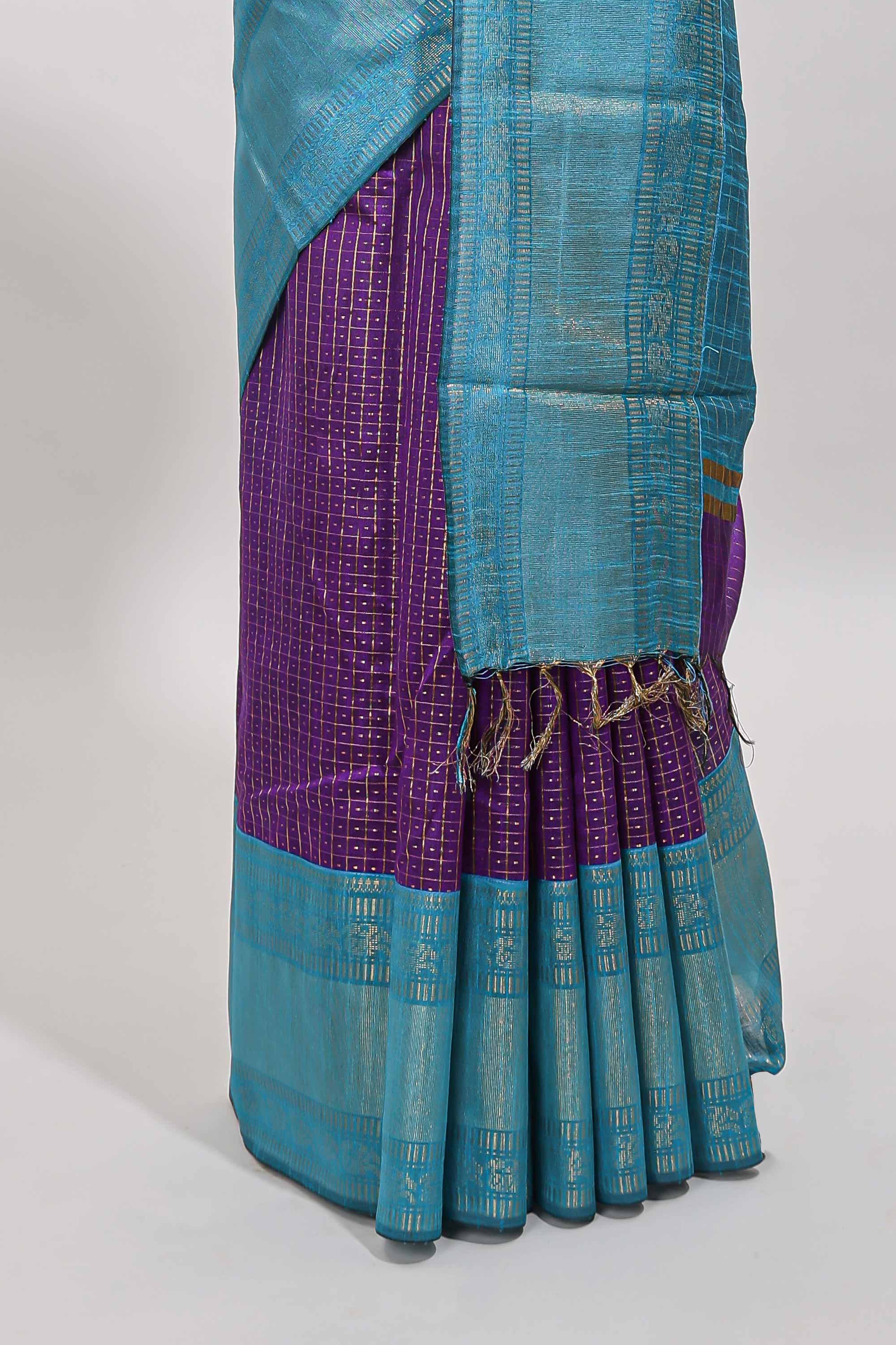 Violet checked tussar saree with contrast blue zari border and checked blouse