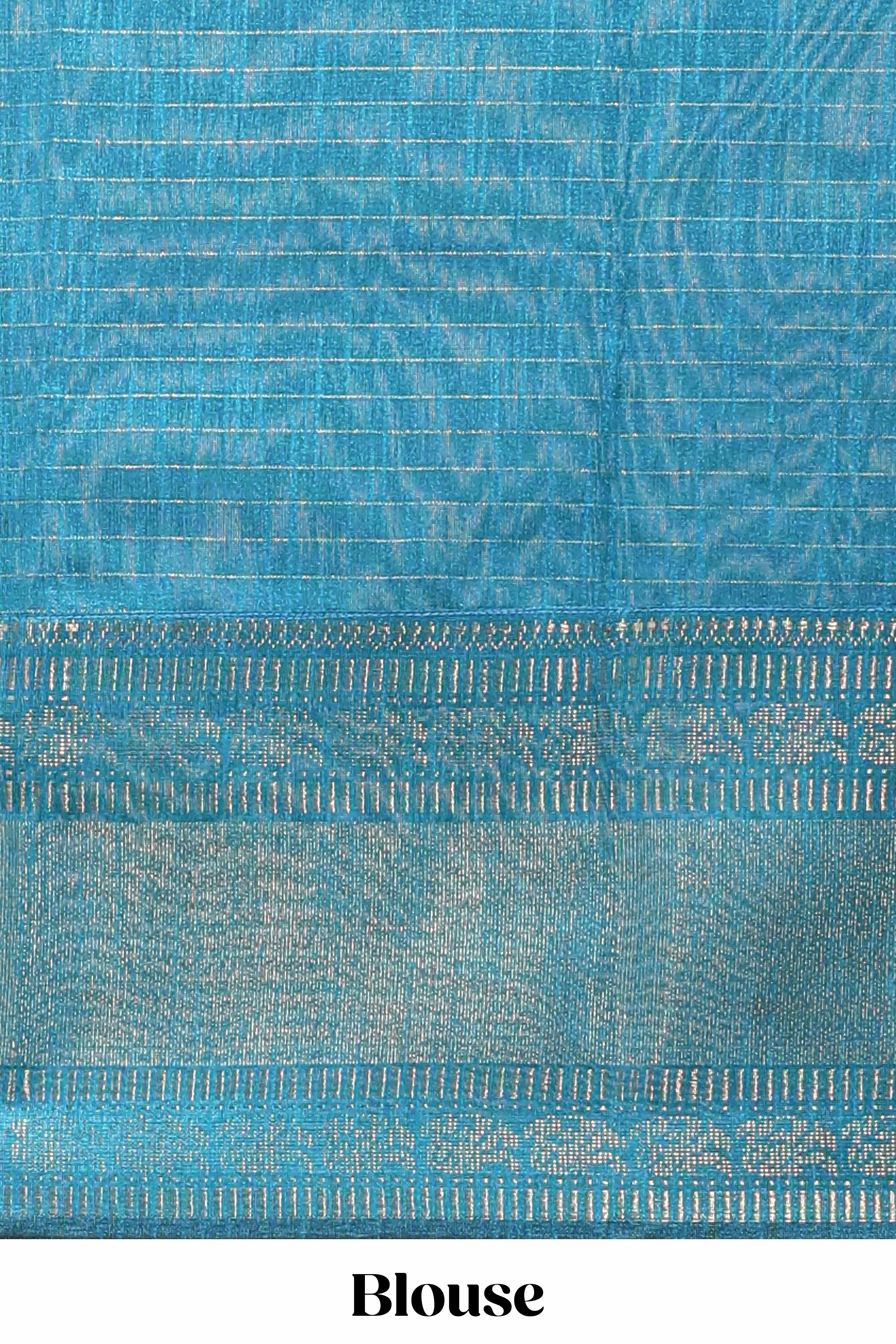 Violet checked tussar saree with contrast blue zari border and checked blouse