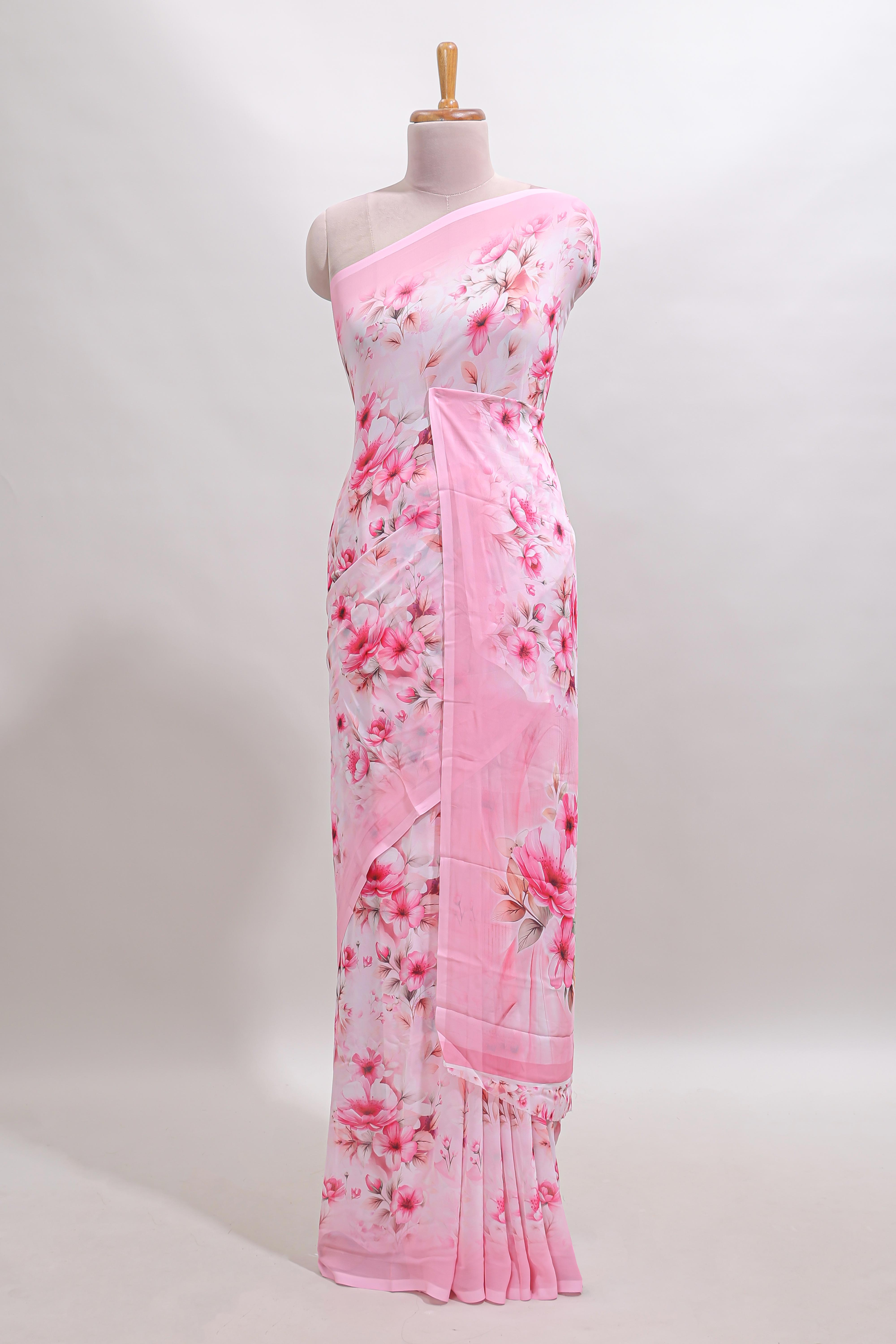 Pink floral design tussar saree with self border and matching blouse