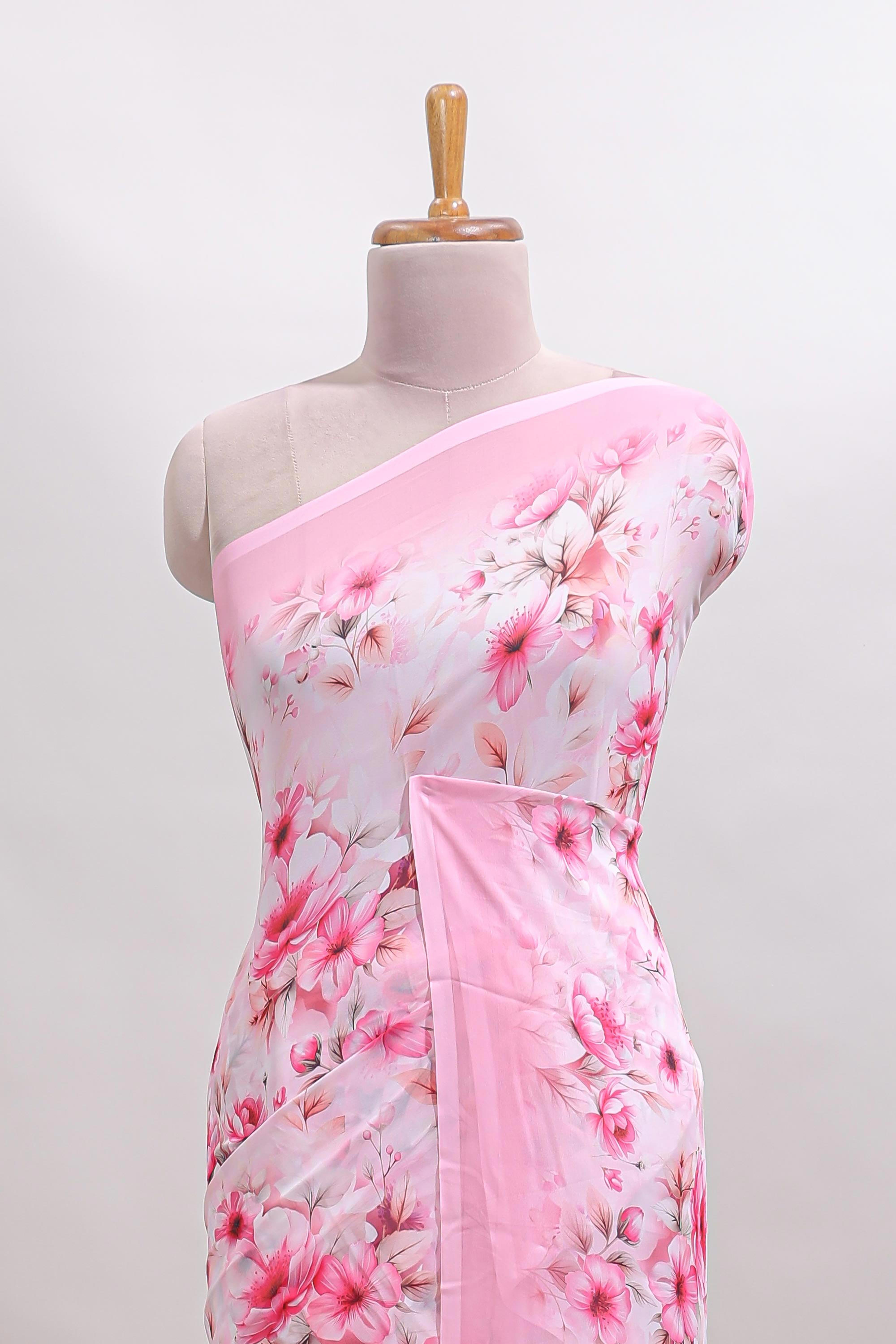 Pink floral design tussar saree with self border and matching blouse