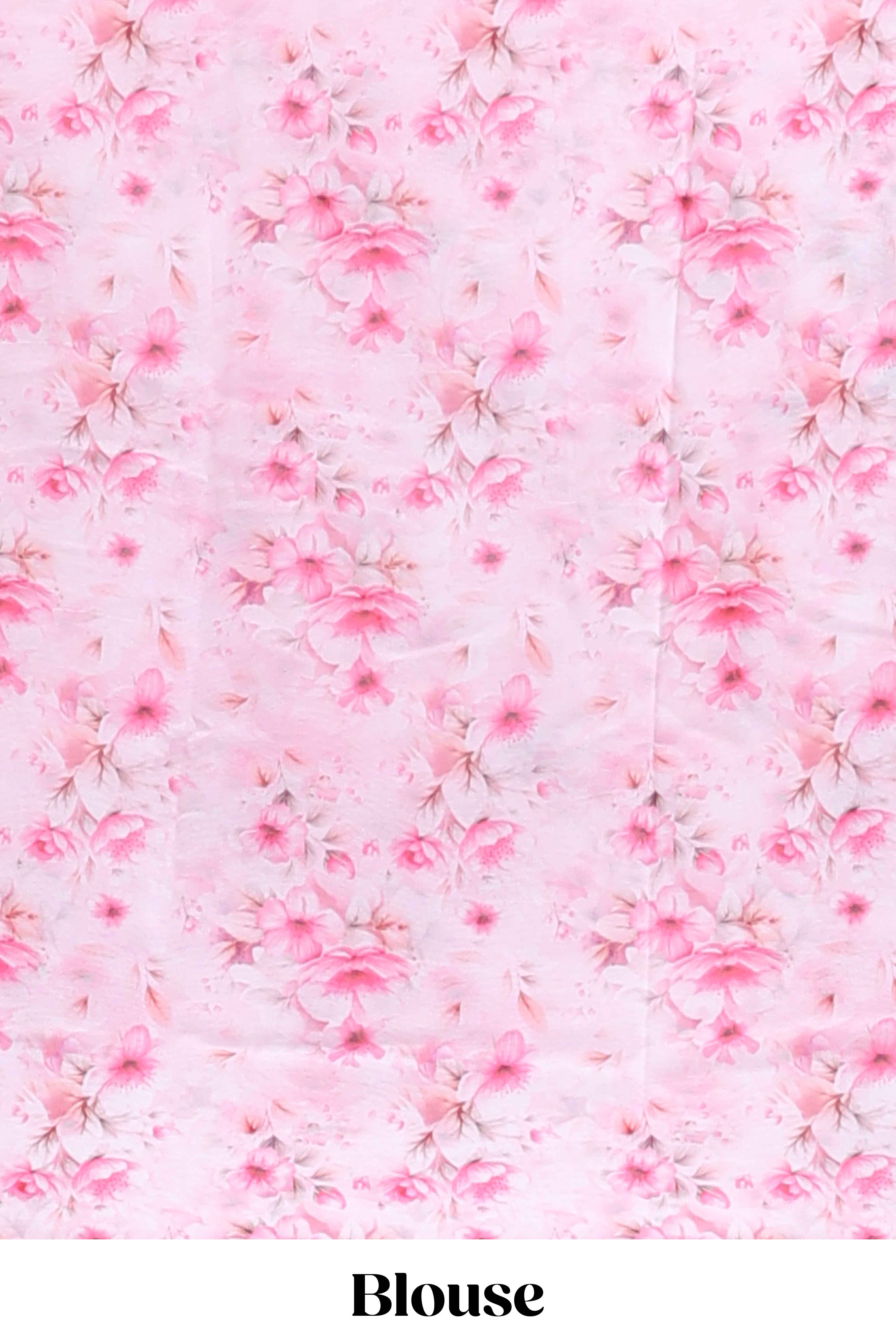 Pink floral design tussar saree with self border and matching blouse