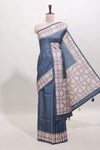 Blue ikkat style tussar saree with contrast border and printed Pallu