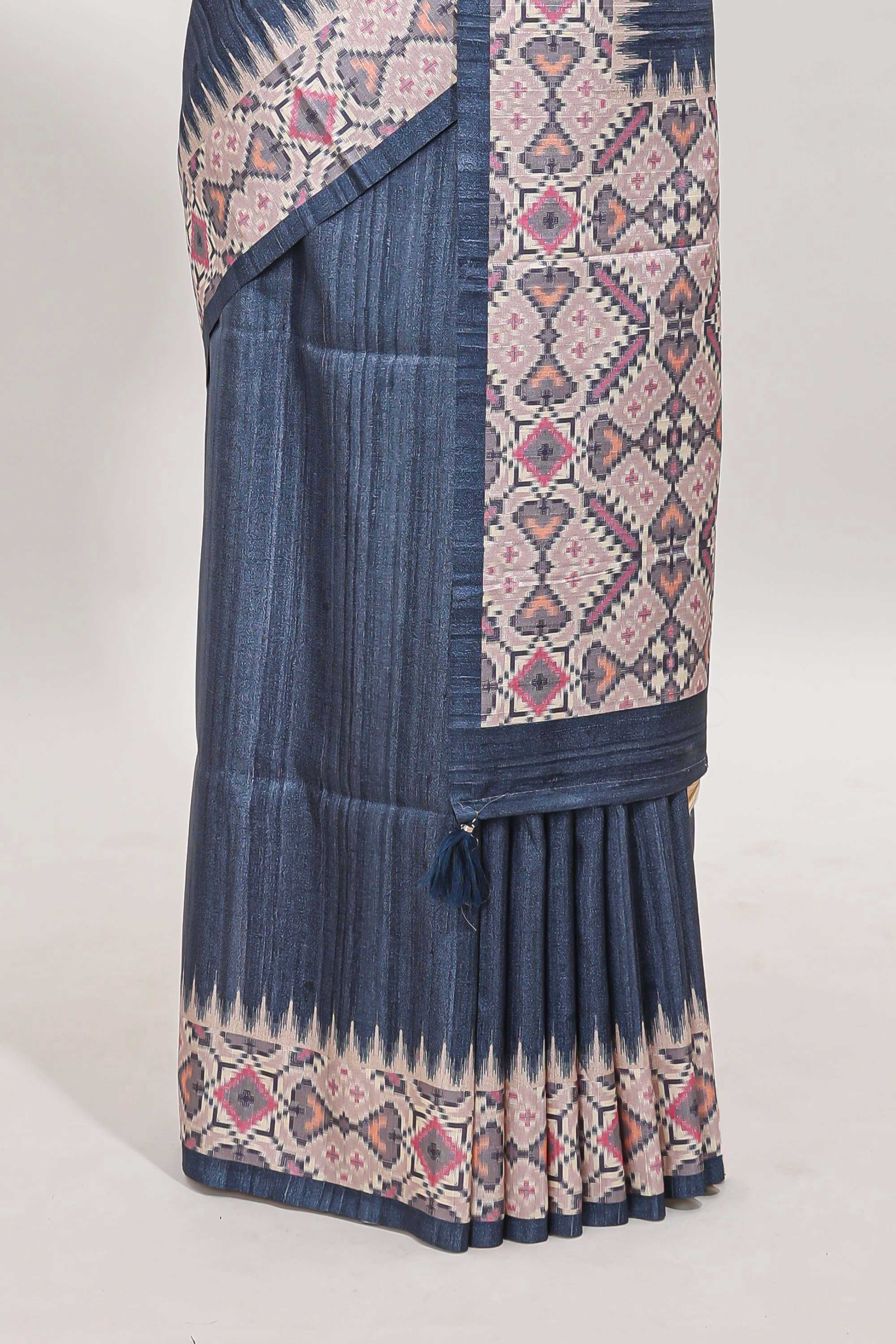 Blue ikkat style tussar saree with contrast border and printed Pallu