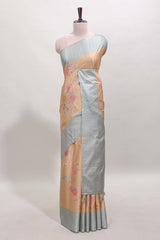 Sandal striped floral design tussar saree with contrast border and blouse