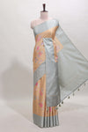 Sandal striped floral design tussar saree with contrast border and blouse