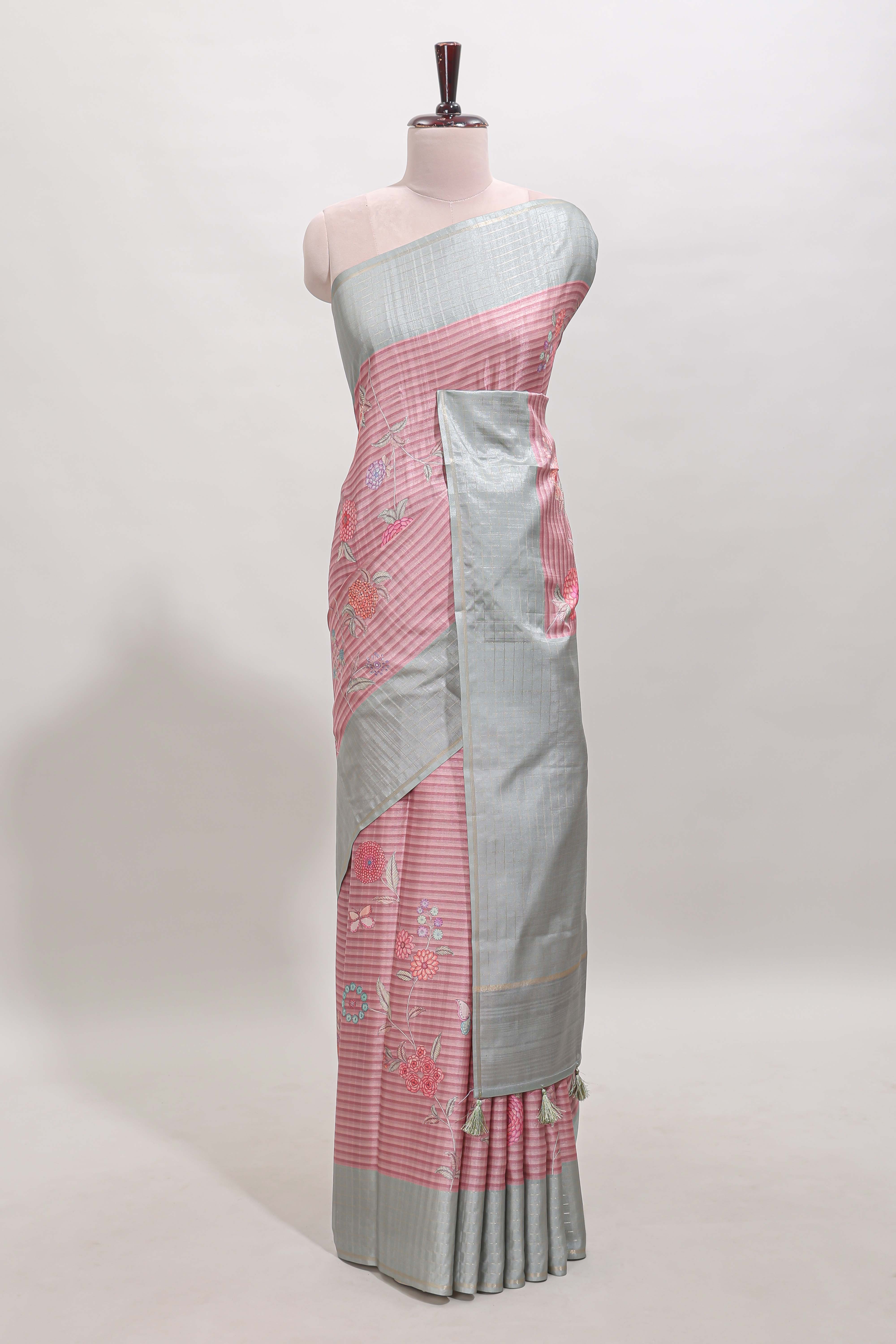 Pink striped floral design tussar saree with contrast border and blouse