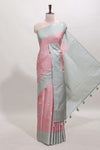 Pink striped floral design tussar saree with contrast border and blouse