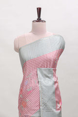 Pink striped floral design tussar saree with contrast border and blouse