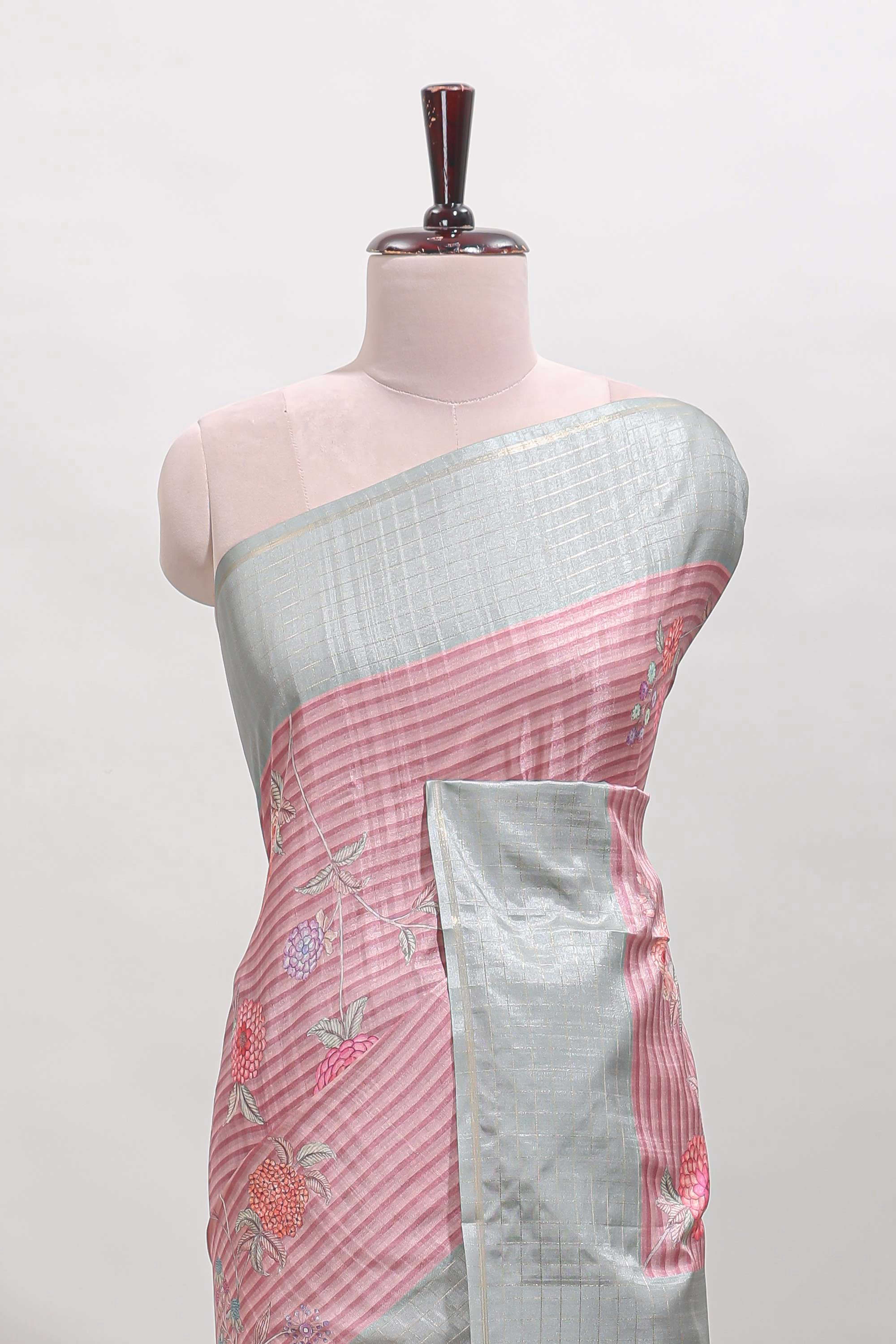 Pink striped floral design tussar saree with contrast border and blouse