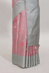 Pink striped floral design tussar saree with contrast border and blouse
